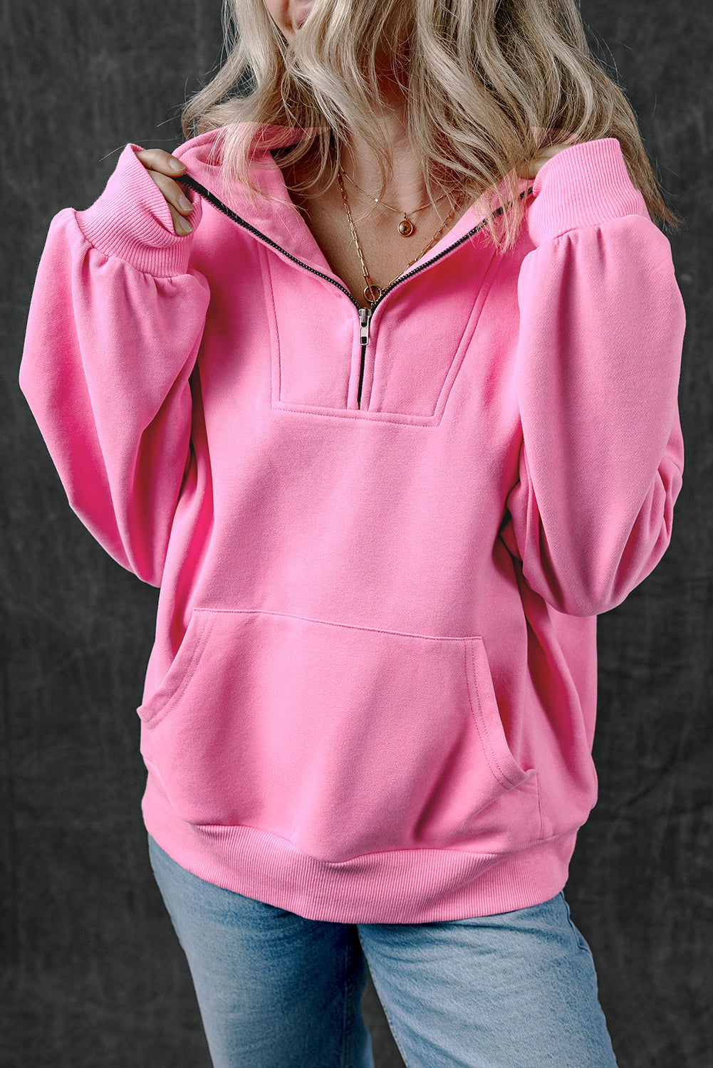 Light Grey Zip-up Stand Neck Kangaroo Pocket Sweatshirt-Tops/Sweatshirts & Hoodies-[Adult]-[Female]-2022 Online Blue Zone Planet