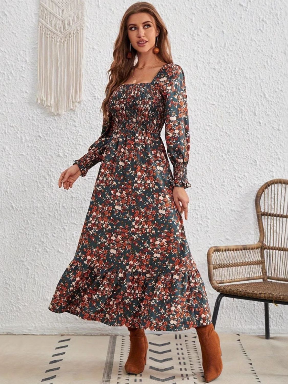 Blue Zone Planet | Smocked Floral Square Neck Long Sleeve Dress-TOPS / DRESSES-[Adult]-[Female]-2022 Online Blue Zone Planet