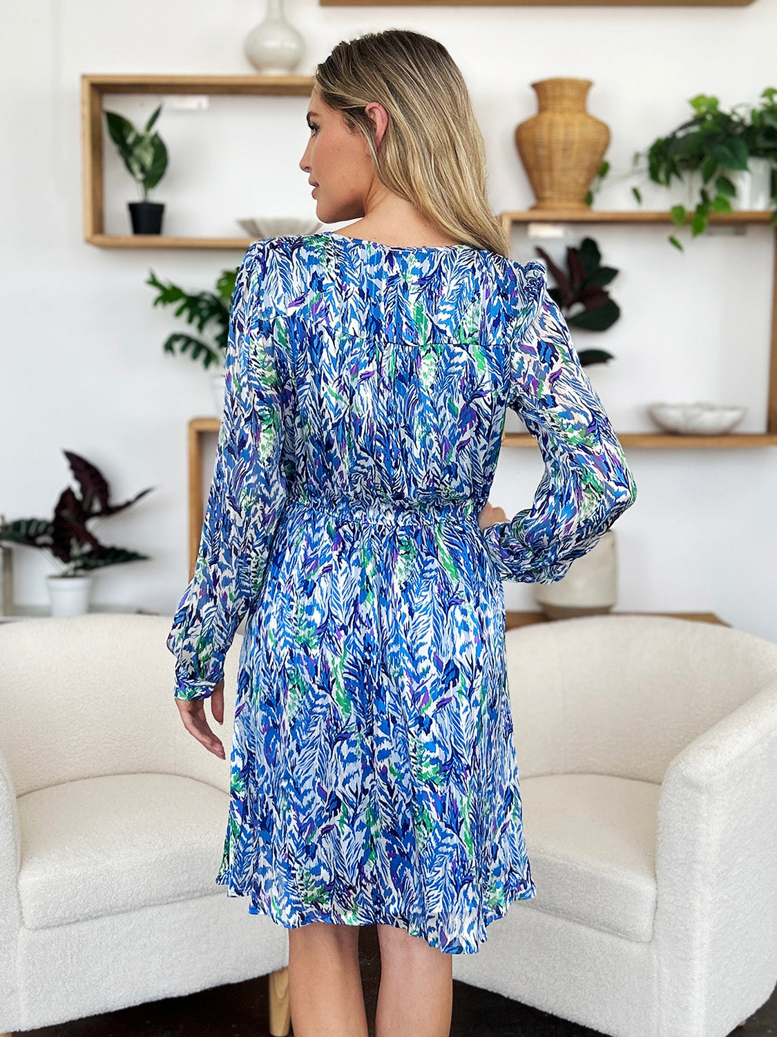 Double Take Full Size Printed Drawstring Waist Long Sleeve Dress-TOPS / DRESSES-[Adult]-[Female]-2022 Online Blue Zone Planet