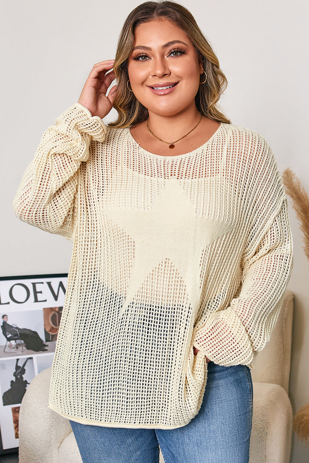 Parchment Hollow Out Knit Star Pattern Accent Plus Size Jumper-Plus Size/Plus Size Sweaters & Cardigans-[Adult]-[Female]-2022 Online Blue Zone Planet