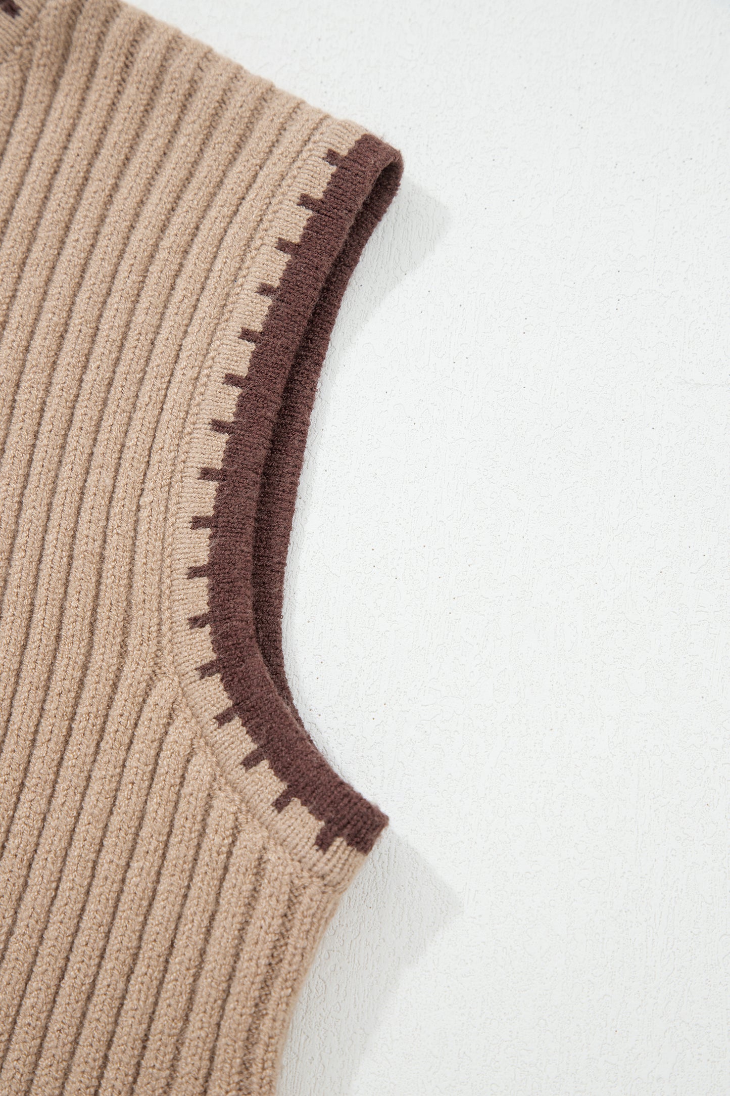 Light French Beige Ribbed Knit Contrast Trim Round Neck Horseshoe Sweater Vest-Sweaters & Cardigans/Sweater Vests-[Adult]-[Female]-2022 Online Blue Zone Planet