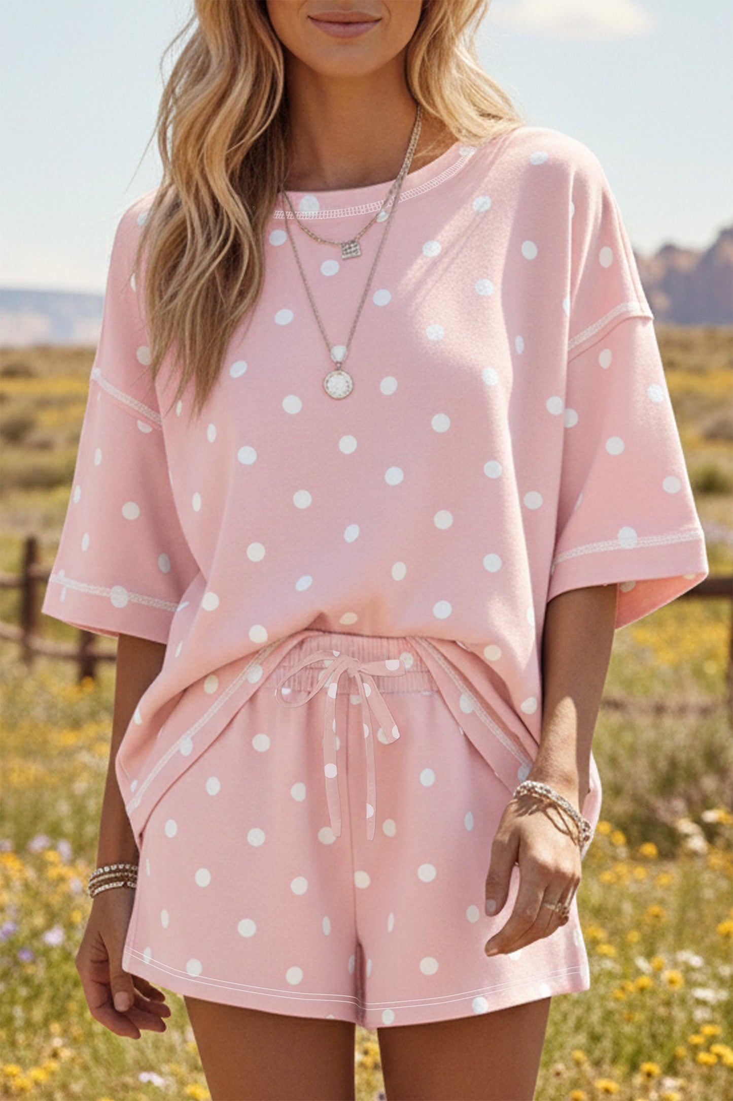 White Exposed Seam Detail Polka Dot Loose Tee Drawstring Shorts Set-Two Piece Sets/Short Sets-[Adult]-[Female]-2022 Online Blue Zone Planet