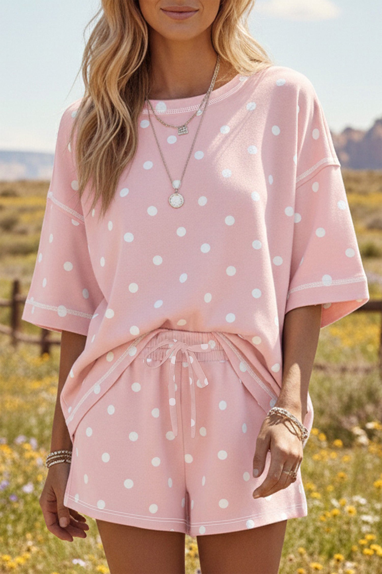 White Exposed Seam Detail Polka Dot Loose Tee Drawstring Shorts Set-Two Piece Sets/Short Sets-[Adult]-[Female]-2022 Online Blue Zone Planet