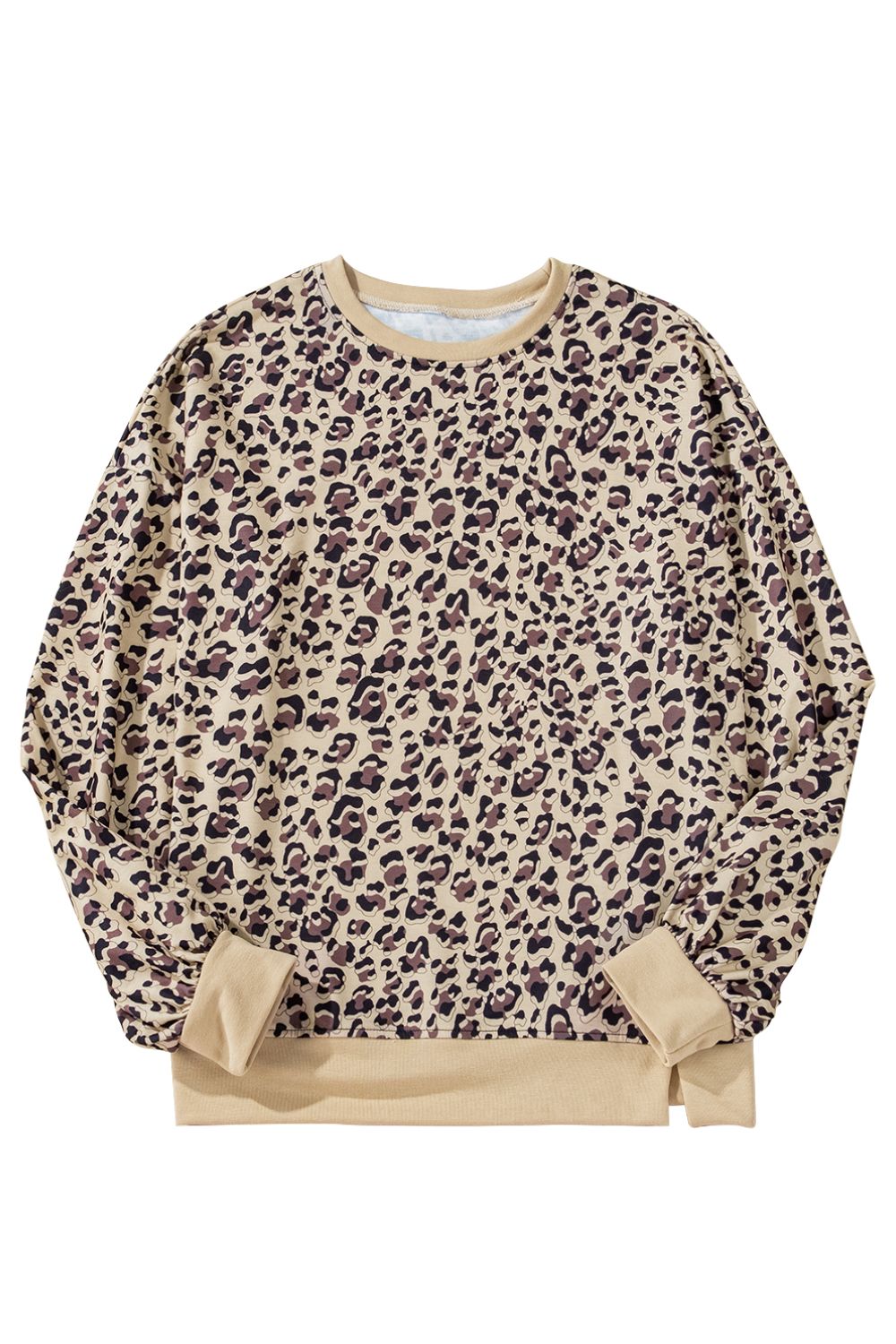 Blue Zone Planet | Slit Leopard Round Neck Long Sleeve Sweatshirt-TOPS / DRESSES-[Adult]-[Female]-2022 Online Blue Zone Planet