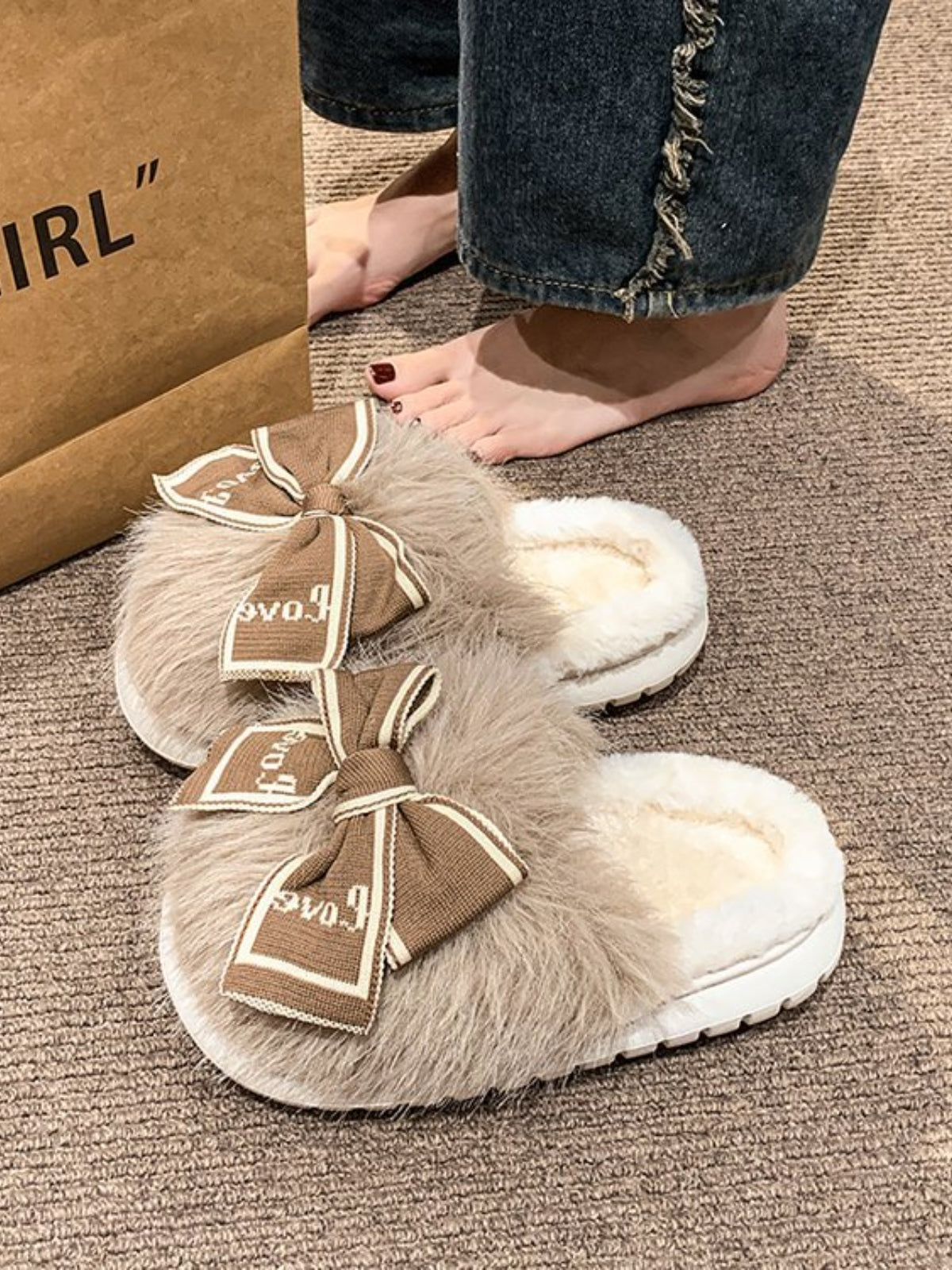 Bow Furry Round Toe Slippers-SLIPPERS-[Adult]-[Female]-Khaki-36(US5)-2022 Online Blue Zone Planet