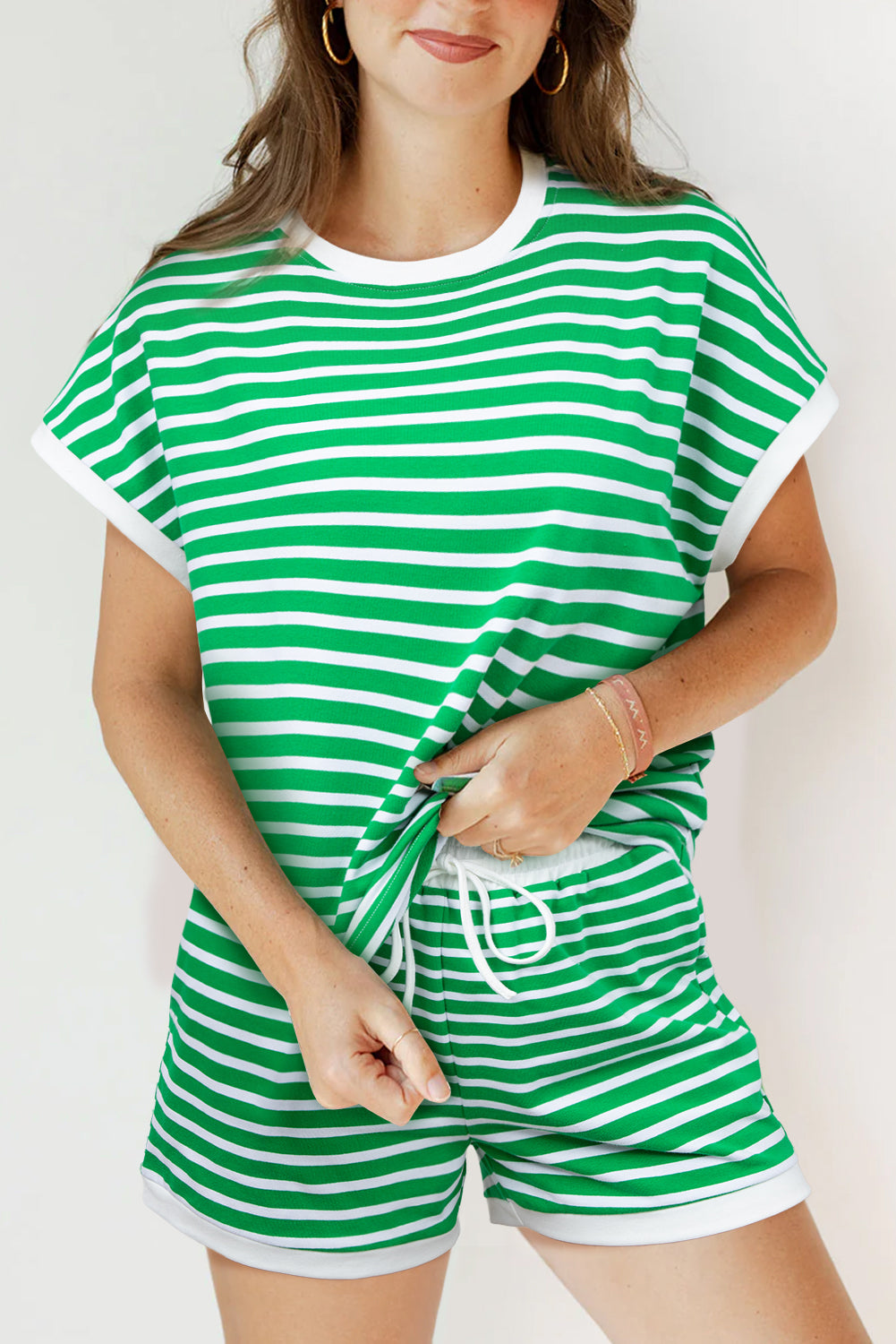 Dark Green Striped Cap Sleeve Tee and Shorts Set-Two Piece Sets/Short Sets-[Adult]-[Female]-Dark Green-S-2022 Online Blue Zone Planet