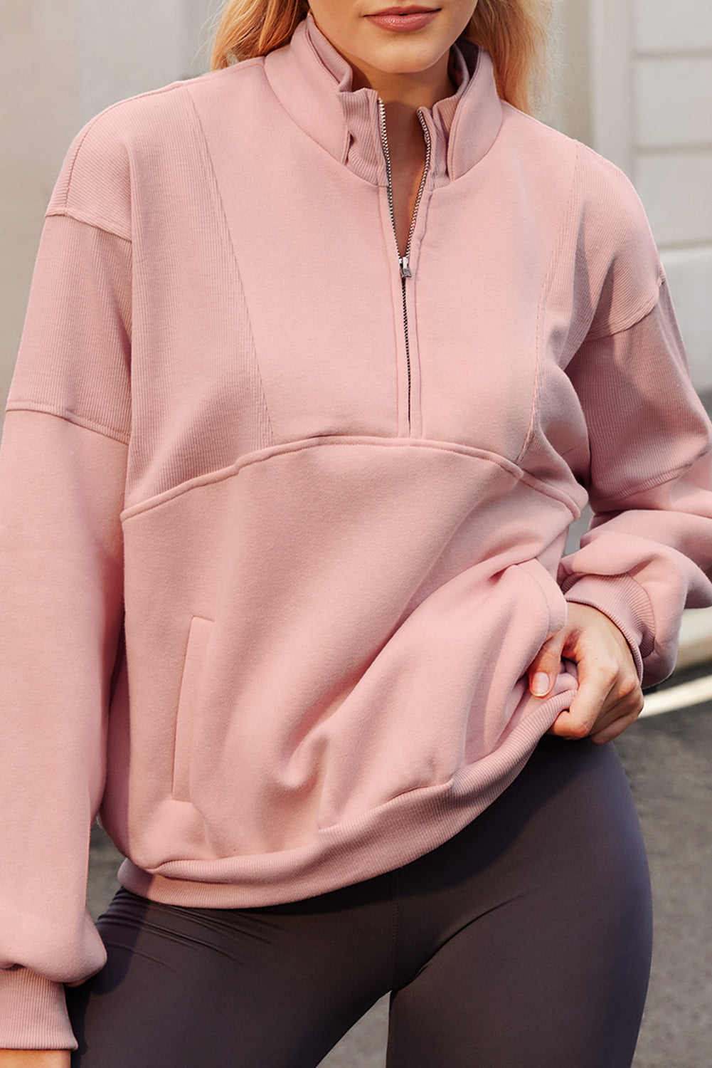 Half Zip Drop Shoulder Long Sleeve Sweatshirt-TOPS / DRESSES-[Adult]-[Female]-Pale Blush-S-2022 Online Blue Zone Planet