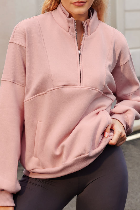 Half Zip Drop Shoulder Long Sleeve Sweatshirt-TOPS / DRESSES-[Adult]-[Female]-Pale Blush-S-2022 Online Blue Zone Planet