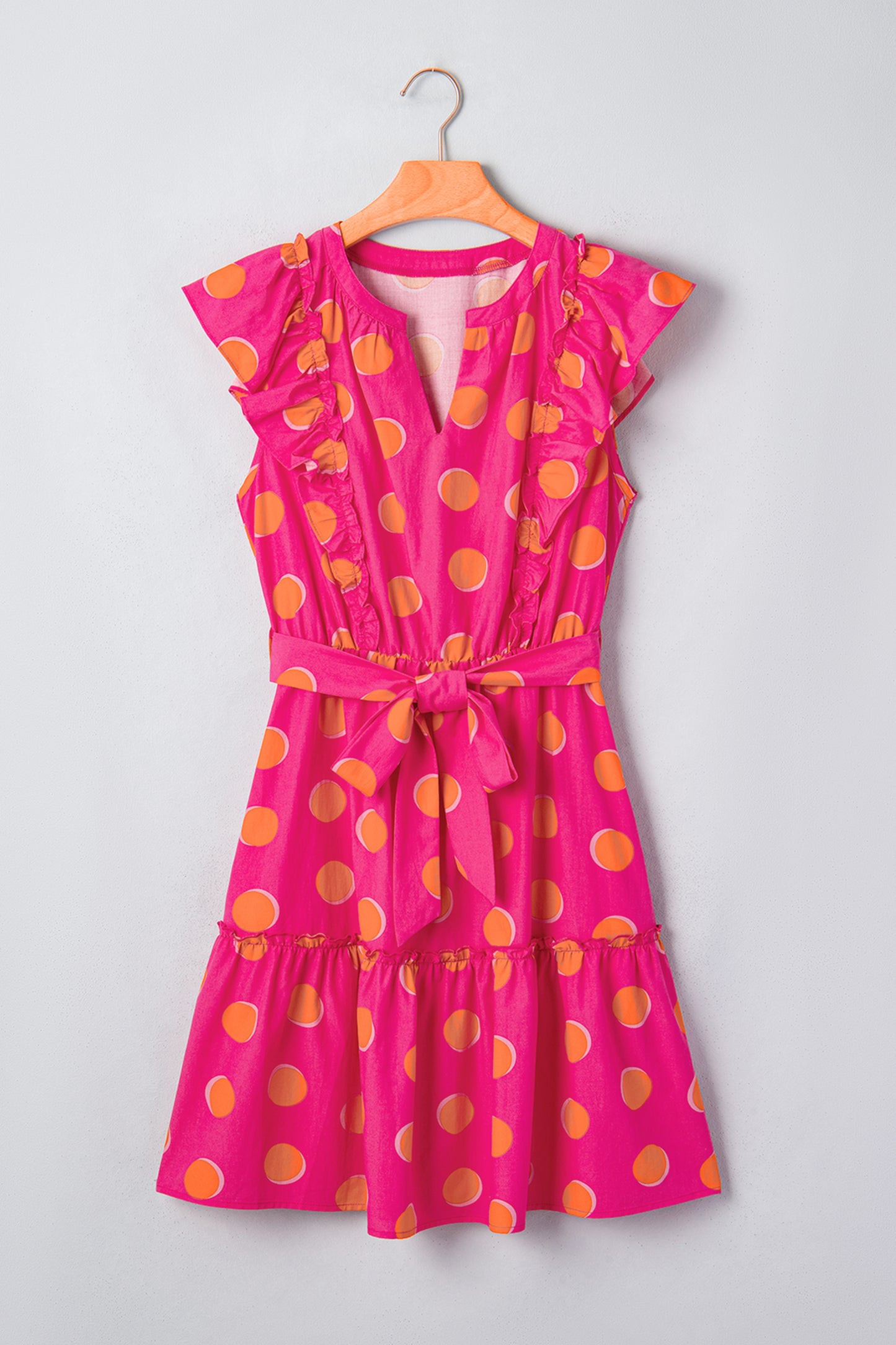 Rose Double Polka Dot V Neck Ruffled Short Sleeve Dress-TOPS / DRESSES-[Adult]-[Female]-2022 Online Blue Zone Planet
