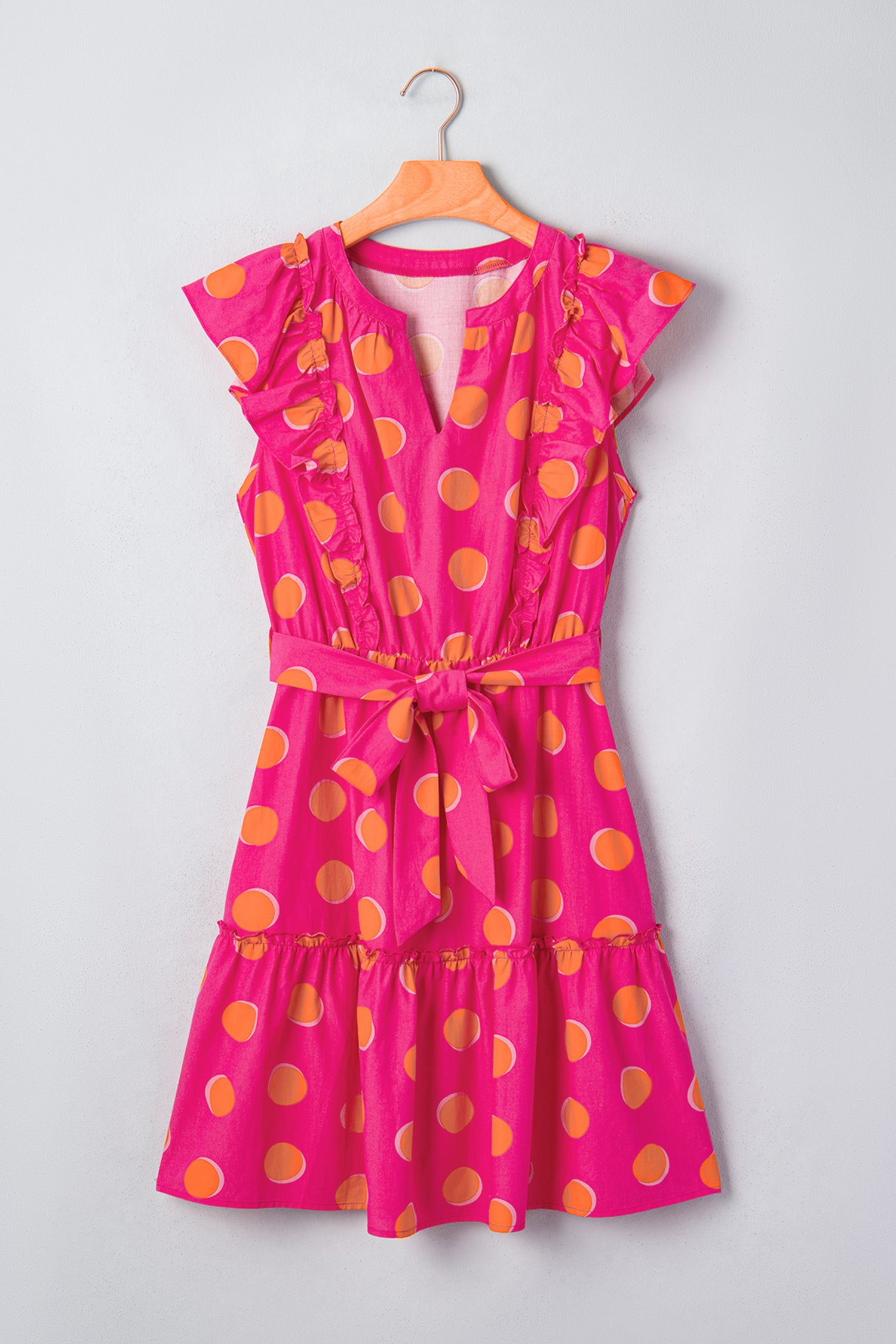 Rose Double Polka Dot V Neck Ruffled Short Sleeve Dress-TOPS / DRESSES-[Adult]-[Female]-2022 Online Blue Zone Planet