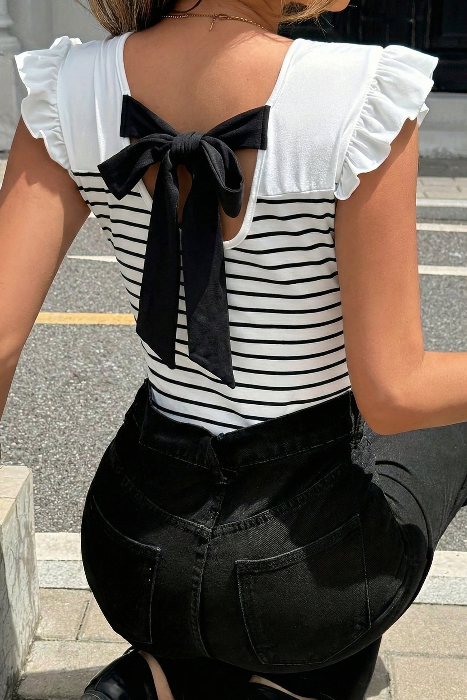 White Stripe Contrast Knot Back Ruffle Trim Tank Top-Tops/Tank Tops-[Adult]-[Female]-White Stripe-S-2022 Online Blue Zone Planet