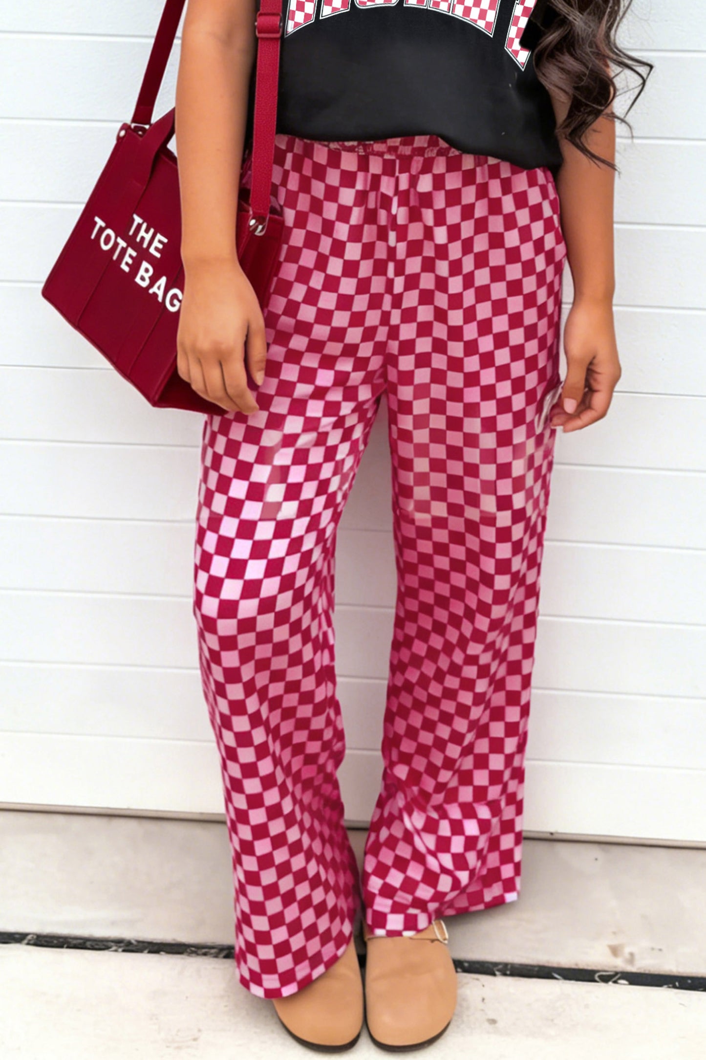 Rose Elastic Waist Plaid Full-length Shift Pants-Bottoms/Pants & Culotte-[Adult]-[Female]-Rose-S-2022 Online Blue Zone Planet