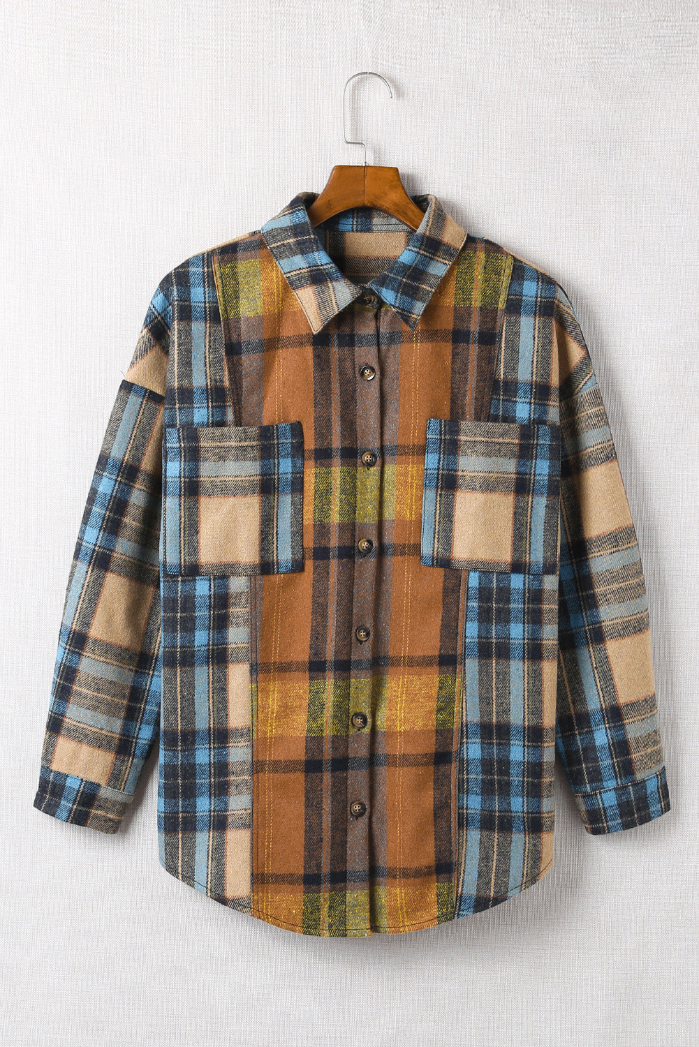 Brown Plaid Color Block Buttoned Shirt with Pockets-Tops/Blouses & Shirts-[Adult]-[Female]-2022 Online Blue Zone Planet