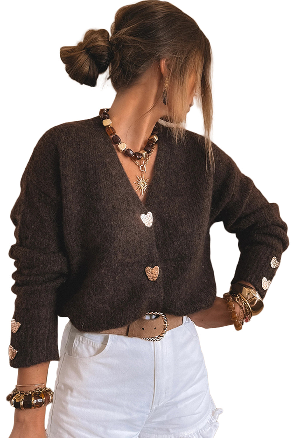 Fiery Red Heart Metal Button V Neck Cardigan Sweater