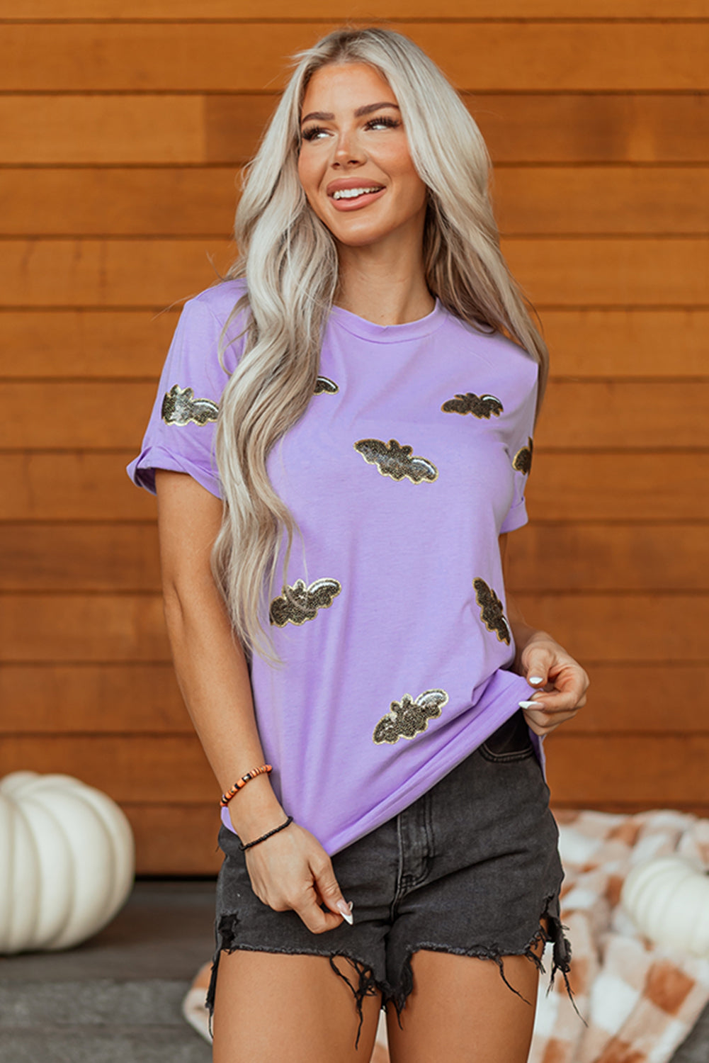 Wisteria Sequin Halloween Bat Patched Casual T Shirt-Graphic/Graphic Tees-[Adult]-[Female]-2022 Online Blue Zone Planet