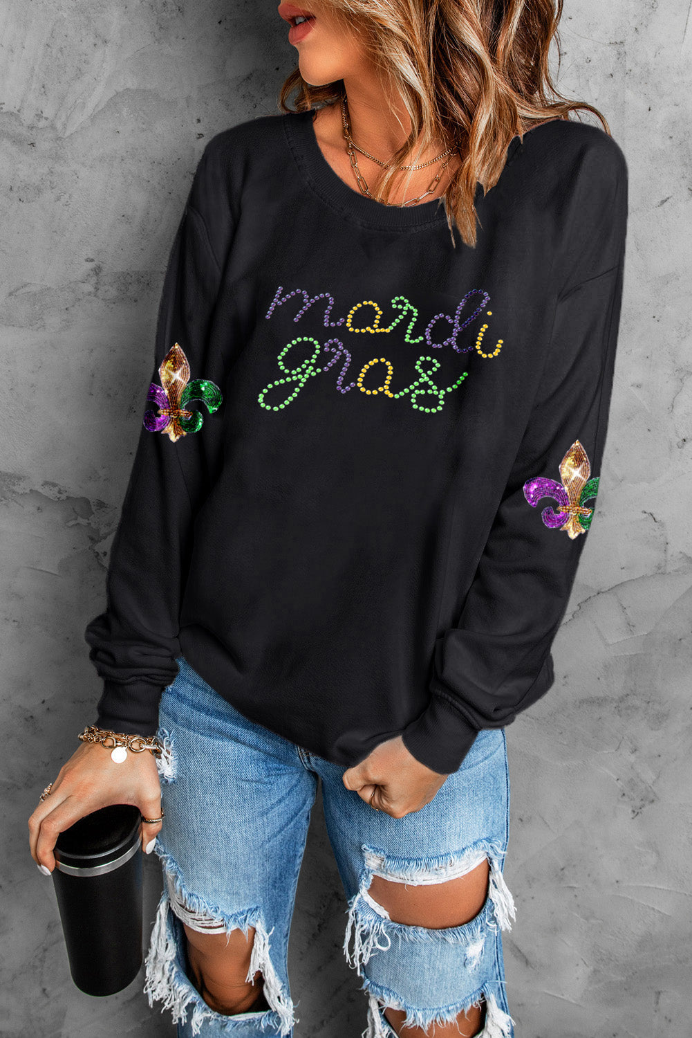 Black Solid Color mardi gras Printed Round Neck Casual Sweatshirt-Graphic Sweatshirts-[Adult]-[Female]-2022 Online Blue Zone Planet