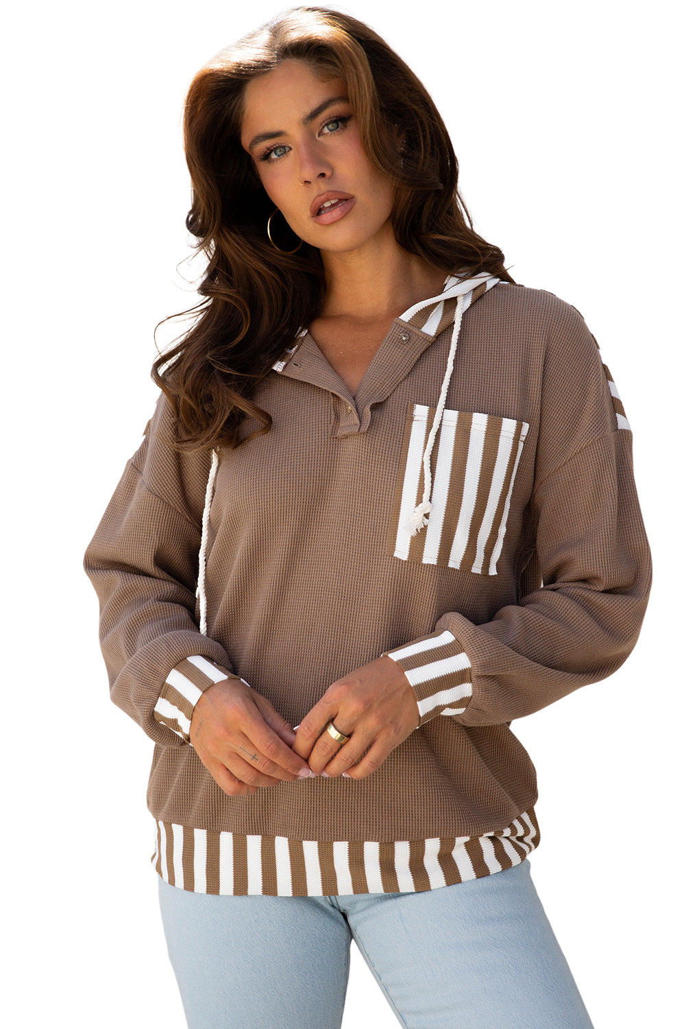 Straw Yellow Waffle Texture Striped Patchwork Button Neck Drawstring Hoodie-Tops / Dresses-[Adult]-[Female]-2022 Online Blue Zone Planet