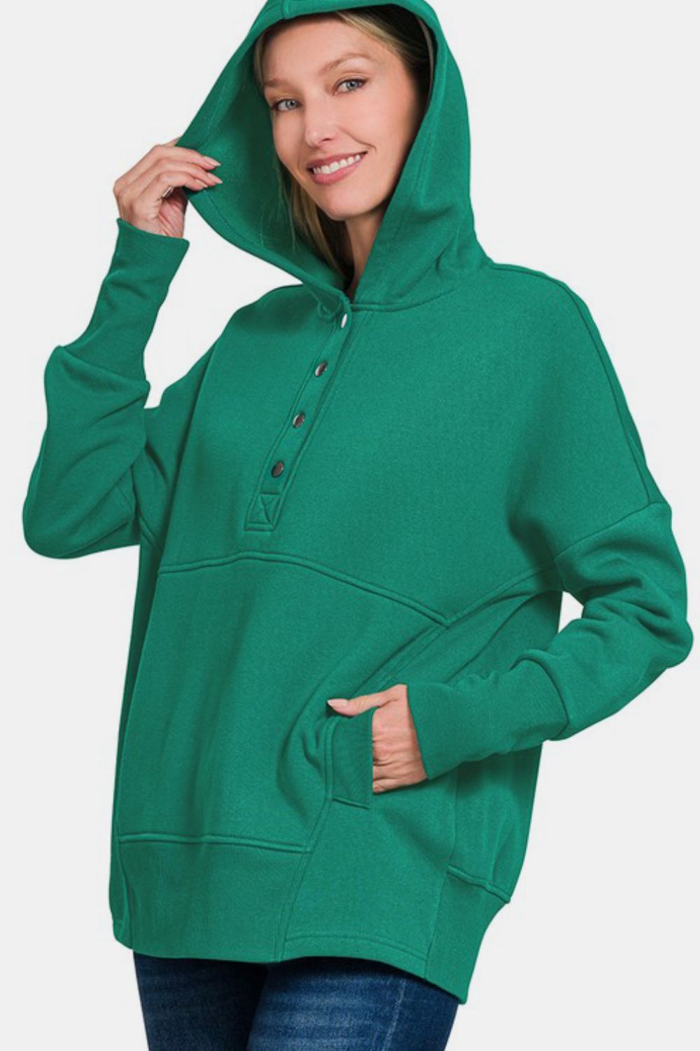 Blue Zone Planet | Zenana Half Snap Long Sleeve Hoodie with Kangaroo Pocket-Tops / Dresses-[Adult]-[Female]-2022 Online Blue Zone Planet