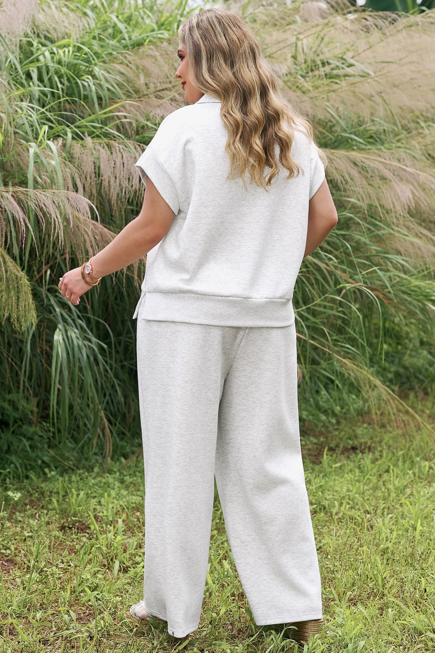 Light Grey Half Zip Polo Tee Loose Pants Plus Size 2pcs Outfit-Plus Size/Plus Size Loungewear-[Adult]-[Female]-2022 Online Blue Zone Planet