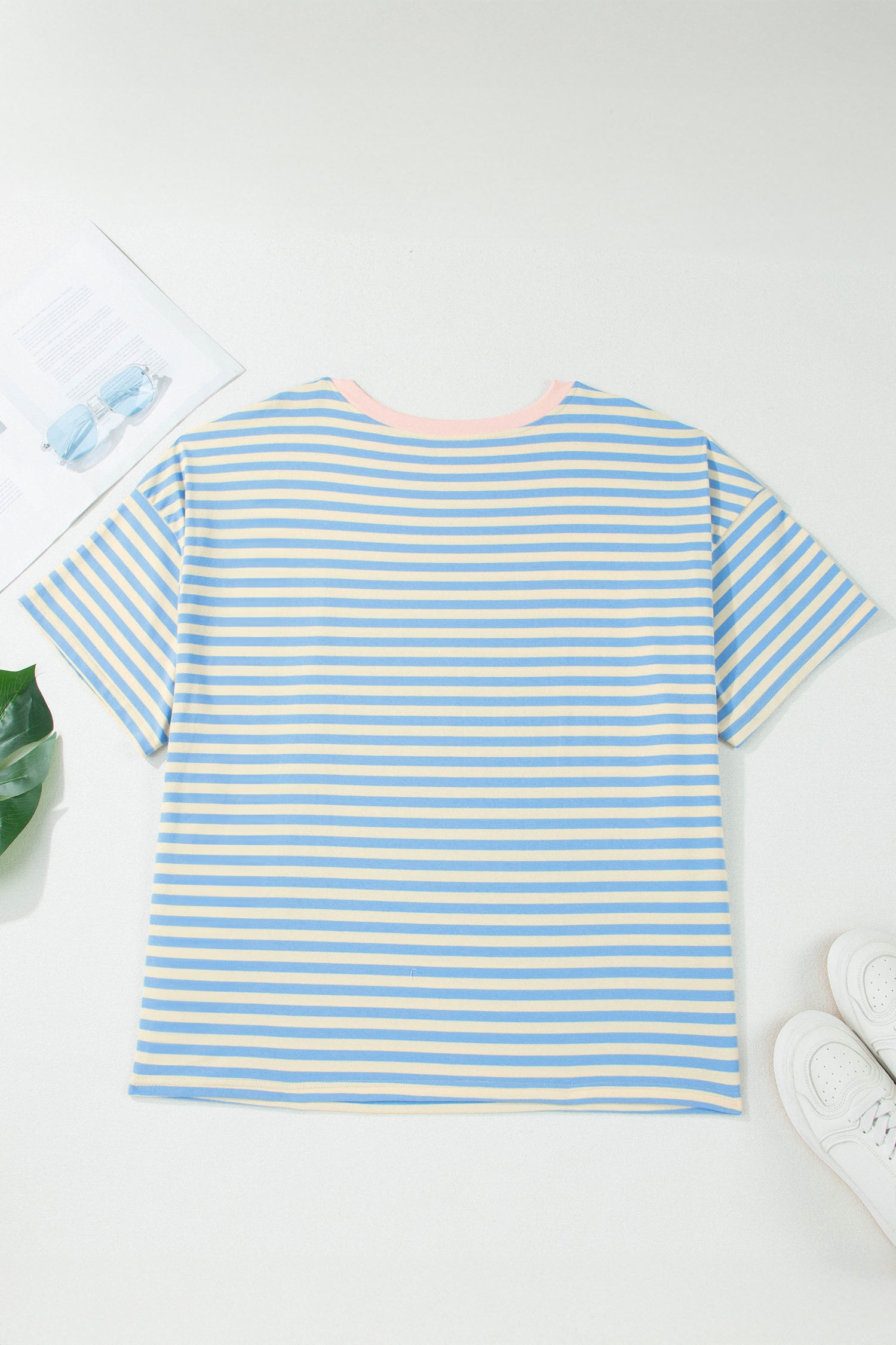 Sky Blue Stripe Plus Size Drop Shoulder Contrast Trim Round Neck Tee-Plus Size/Plus Size Tops/Plus Size Tops & Tees-[Adult]-[Female]-2022 Online Blue Zone Planet
