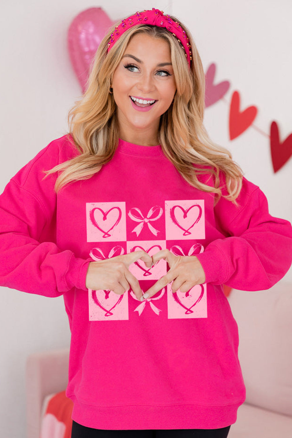 Bonbon Heart Shape Bow Checker Graphic Valentine Drop Shoulder Sweatshirt-Graphic Sweatshirts-[Adult]-[Female]-2022 Online Blue Zone Planet