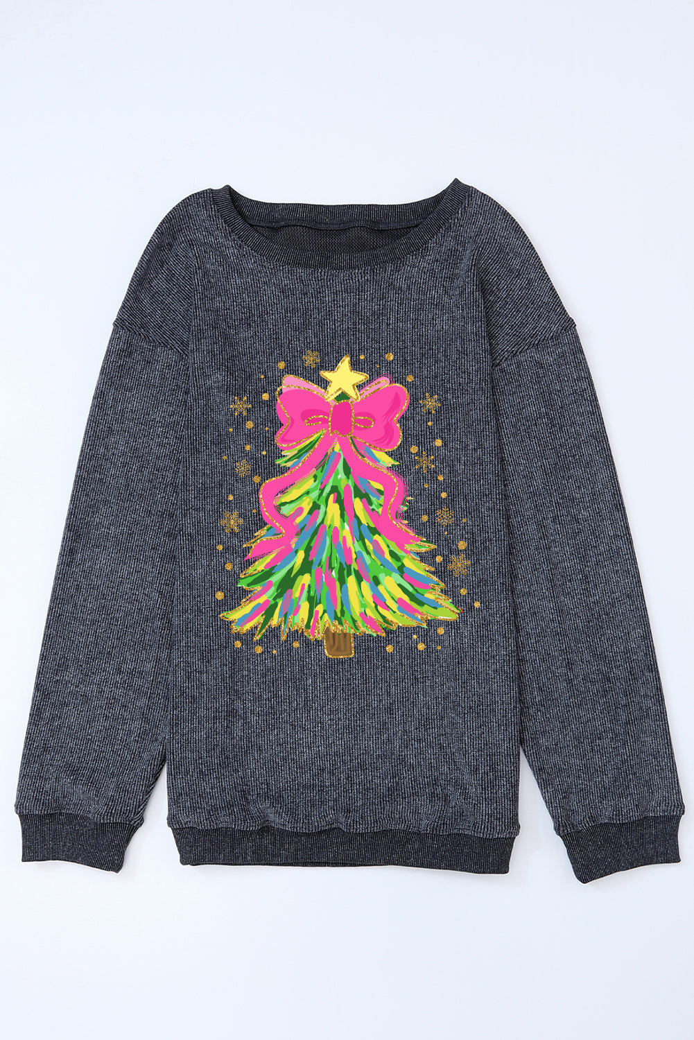 Blue Zone Planet | Gray Stunning Christmas Tree Printed Drop Shoulder Corded Sweatshirt-Graphic Sweatshirts-[Adult]-[Female]-2022 Online Blue Zone Planet