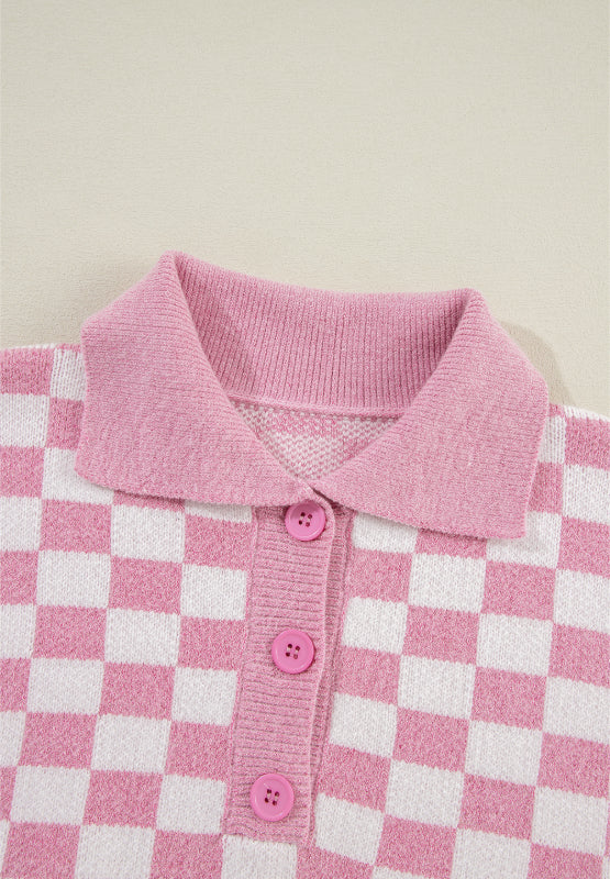 Checkered Collared Neck Long Sleeve Sweater-TOPS / DRESSES-[Adult]-[Female]-2022 Online Blue Zone Planet