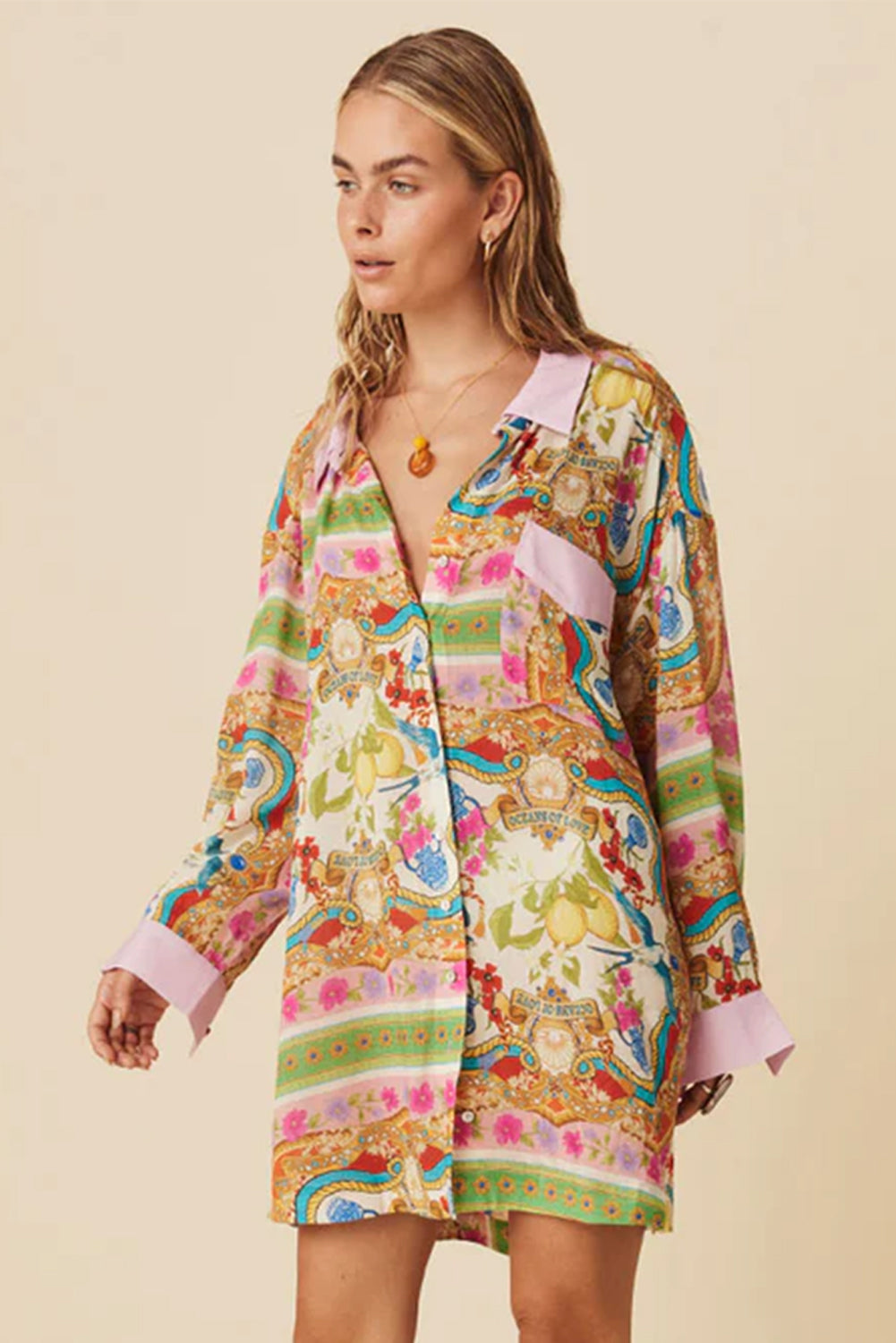 Blue Zone Planet | Multicolour Boho Floral Print Buttoned Long Sleeve Shirt Dress-TOPS / DRESSES-[Adult]-[Female]-2022 Online Blue Zone Planet