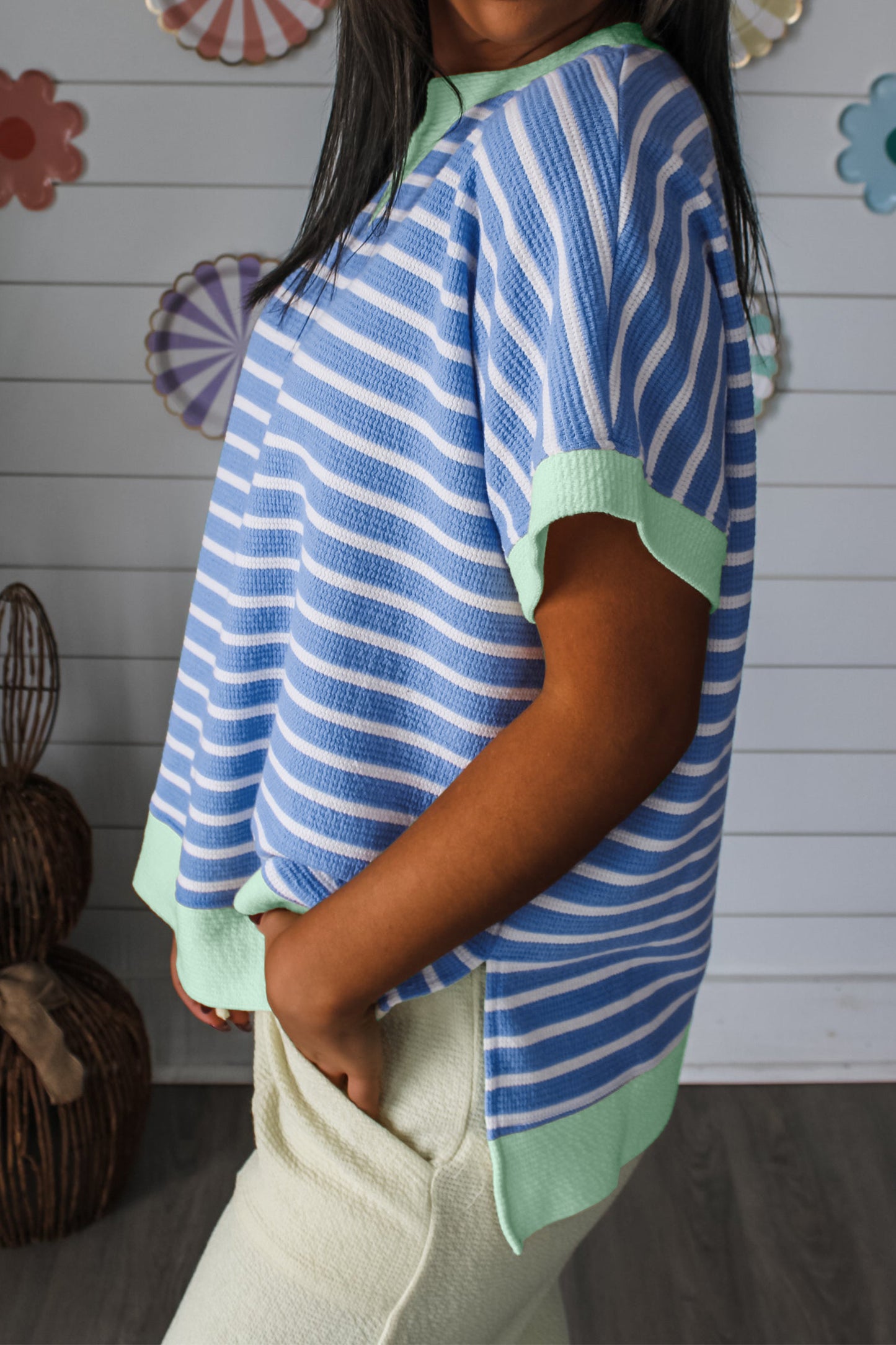Pink Stripe Contrast Trim Loose Short Sleeve Top-Tops/Tops & Tees-[Adult]-[Female]-2022 Online Blue Zone Planet