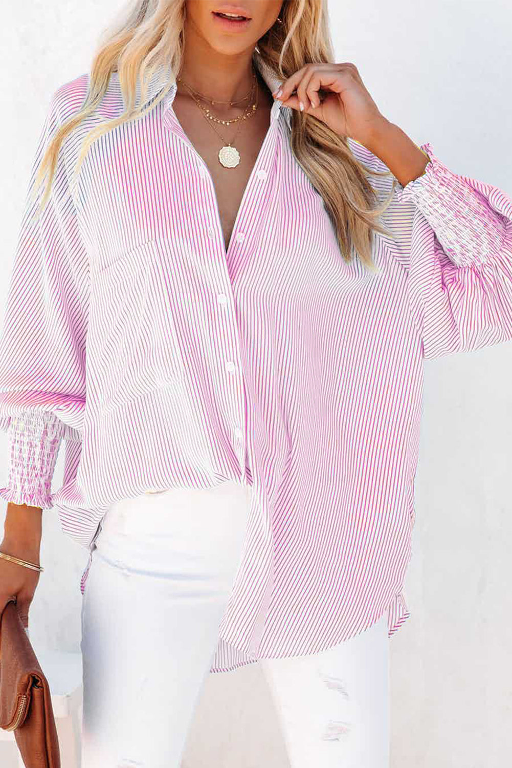 Blue Stripe Smocked Cuffed Striped Boyfriend Shirt With Pocket-Tops/Blouses & Shirts-[Adult]-[Female]-Pink-S-2022 Online Blue Zone Planet