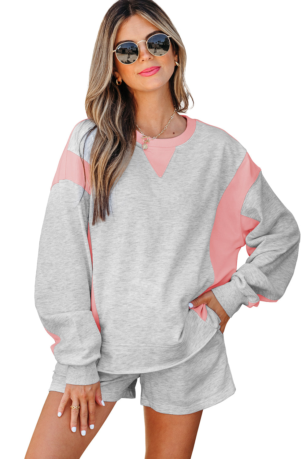 Light Grey Color Block Raw Hem Pullover and Casual Shorts Set-Two Piece Sets/Short Sets-[Adult]-[Female]-2022 Online Blue Zone Planet