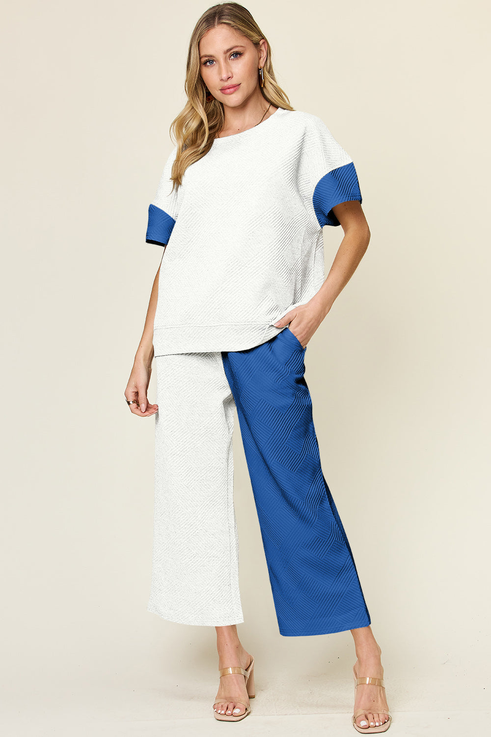 Blue Zone Planet | Double Take Full Size Texture Contrast T-Shirt and Wide Leg Pants Set-TOPS / DRESSES-[Adult]-[Female]-Royal Blue-S-2022 Online Blue Zone Planet