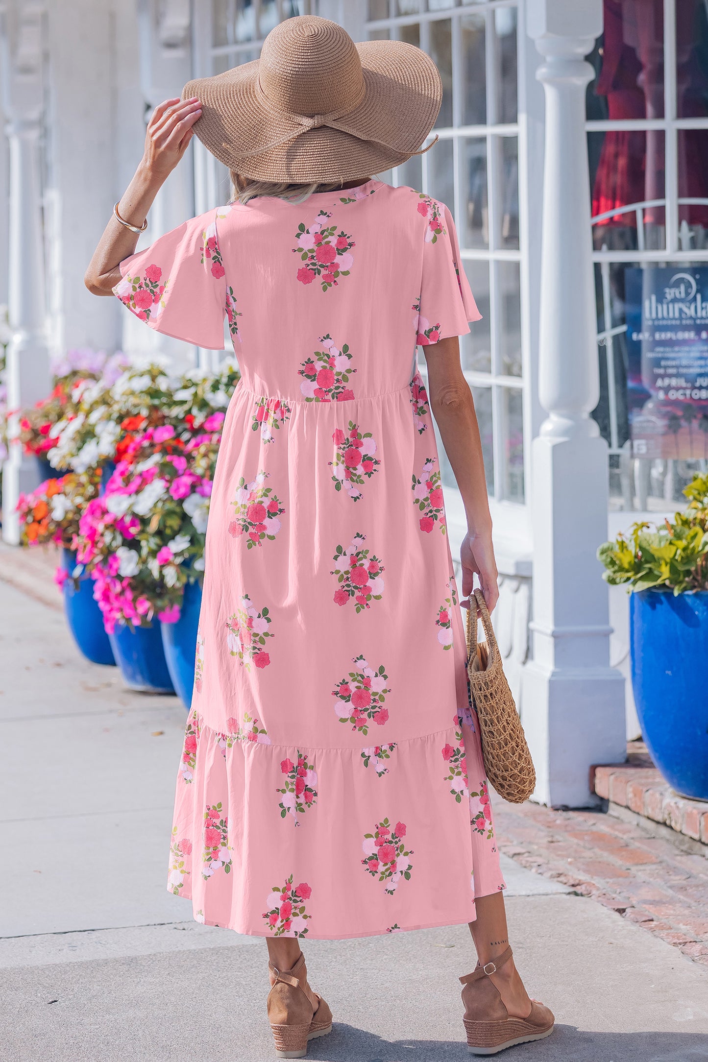 Pink Notched Neck Flutter Short Sleeve Floral Print Maxi Dress-TOPS / DRESSES-[Adult]-[Female]-2022 Online Blue Zone Planet