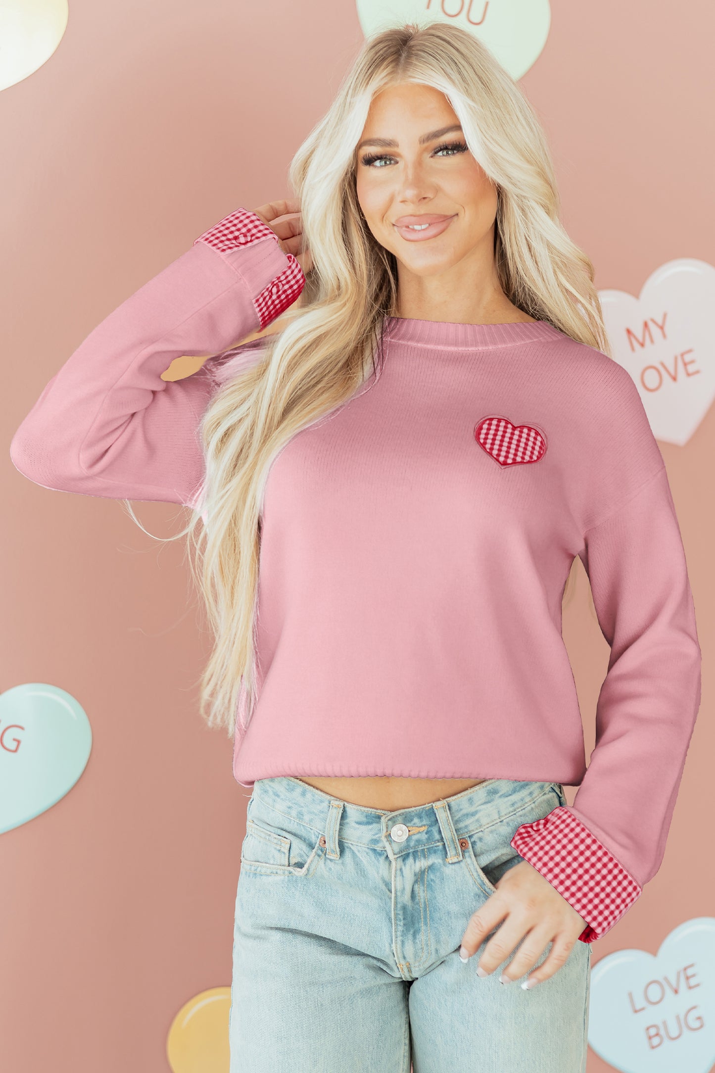 Light Pink Plaid Heart Embroidered Cuffed Drop Shoulder Crew Neck Sweater-Sweaters & Cardigans/Sweaters-[Adult]-[Female]-2022 Online Blue Zone Planet