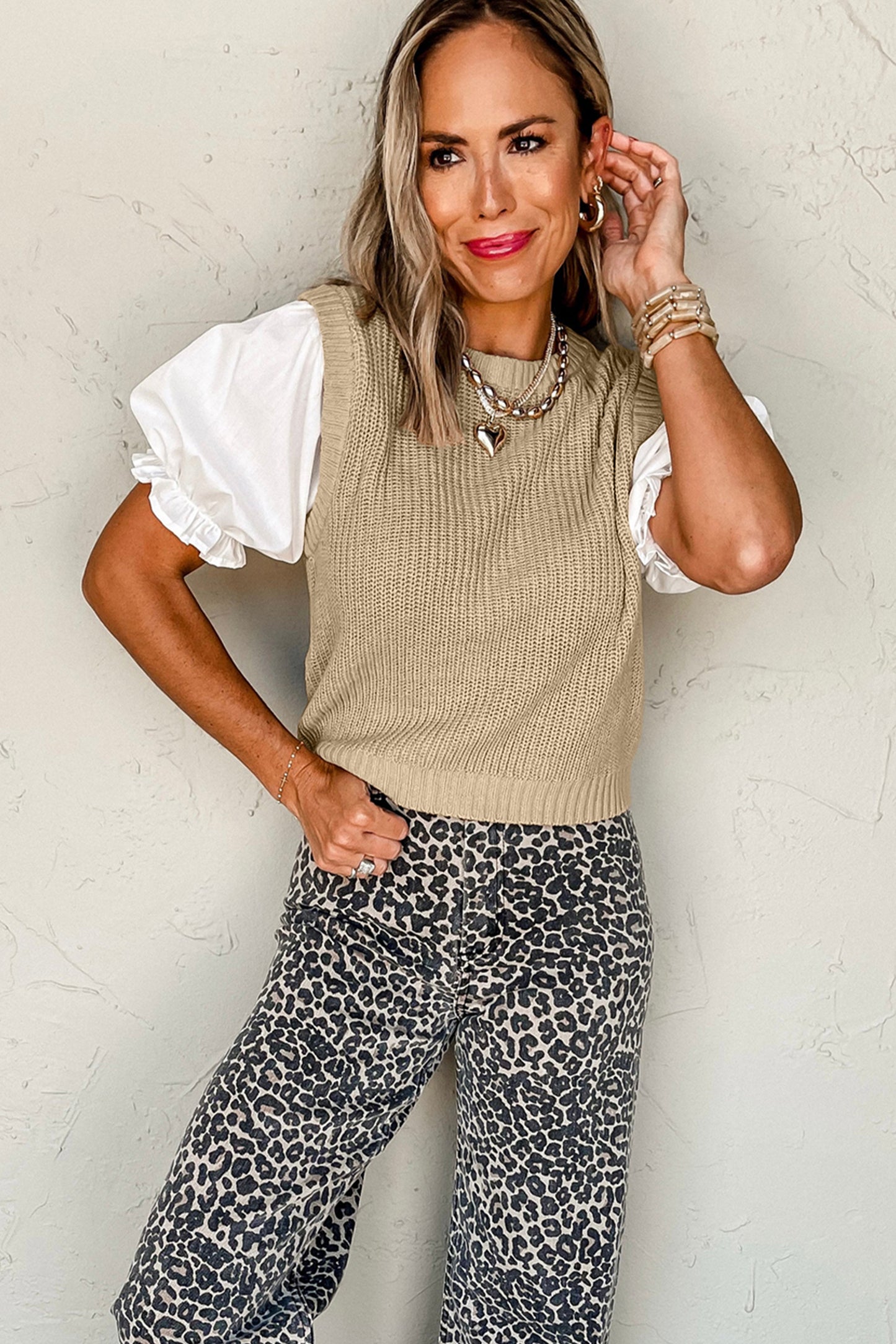 Light French Beige Round Neck Knit Contrast Short Sleeve Patchwork Sweater Top-TOPS / DRESSES-[Adult]-[Female]-2022 Online Blue Zone Planet