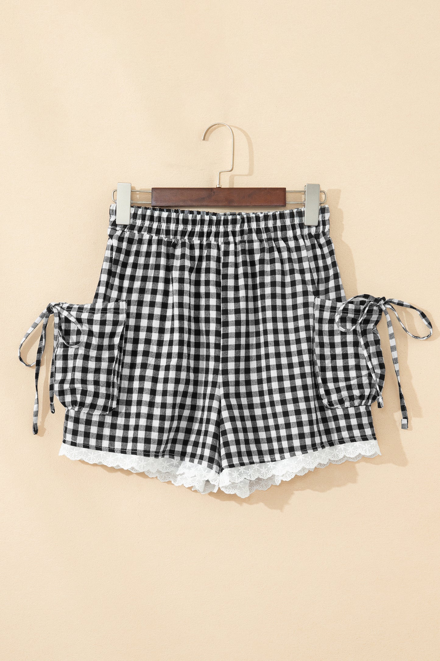 Black Gingham Lace Trim Shorts With Pouch Pockets-Bottoms/Casual Shorts-[Adult]-[Female]-2022 Online Blue Zone Planet