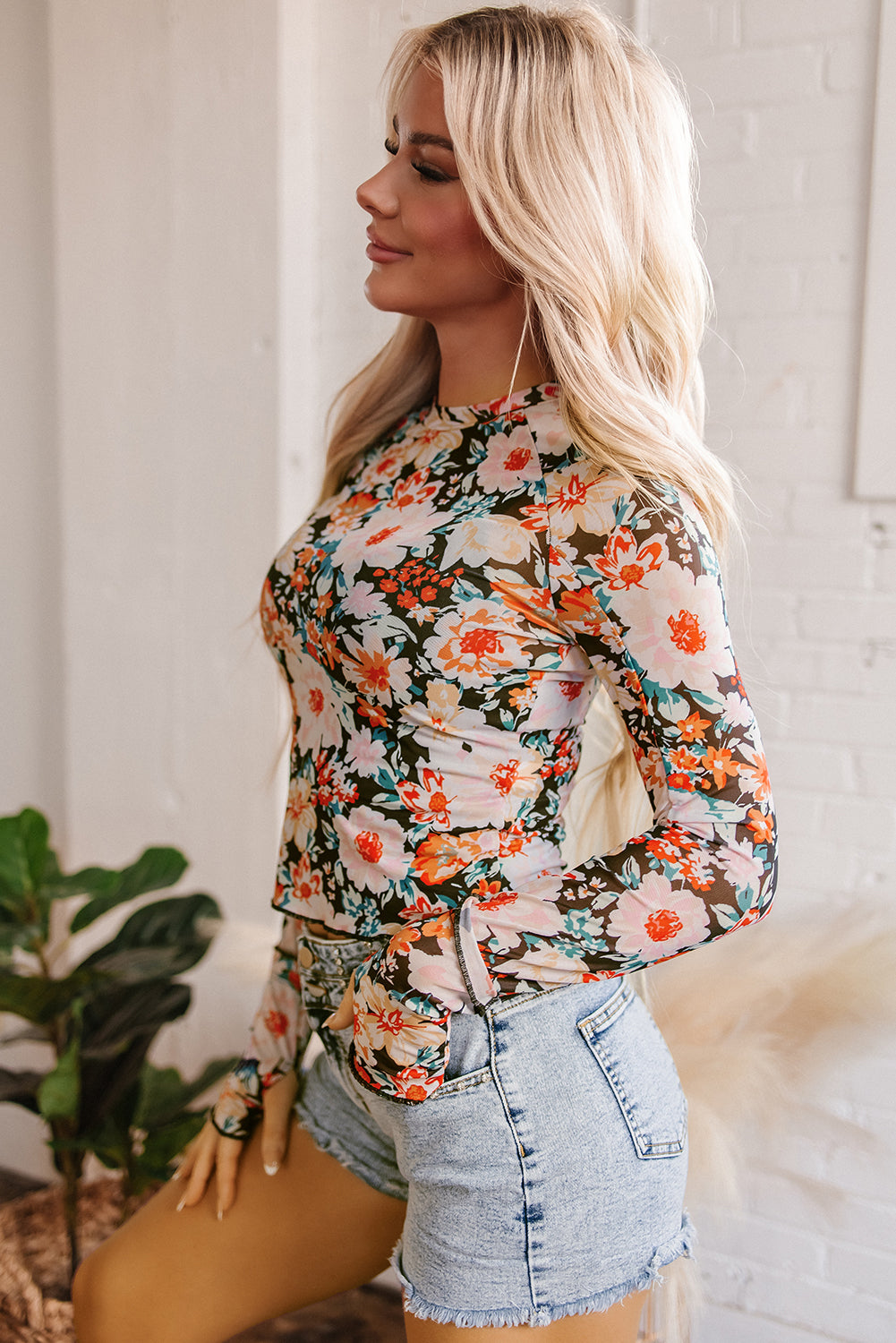 Orange Floral Mesh Slim Long Sleeve Crop Top-Tops/Crop Tops-[Adult]-[Female]-2022 Online Blue Zone Planet