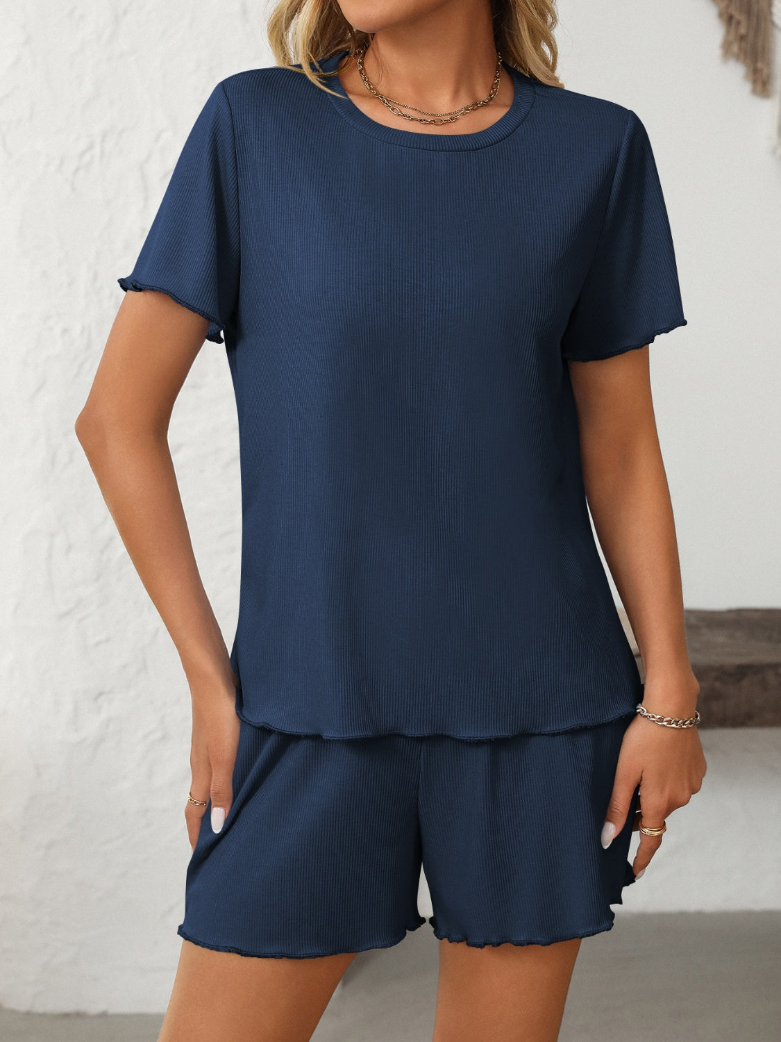 Mandy Round Neck Short Sleeve Top and Shorts Set-TOPS / DRESSES-[Adult]-[Female]-Dark Blue-S-2022 Online Blue Zone Planet