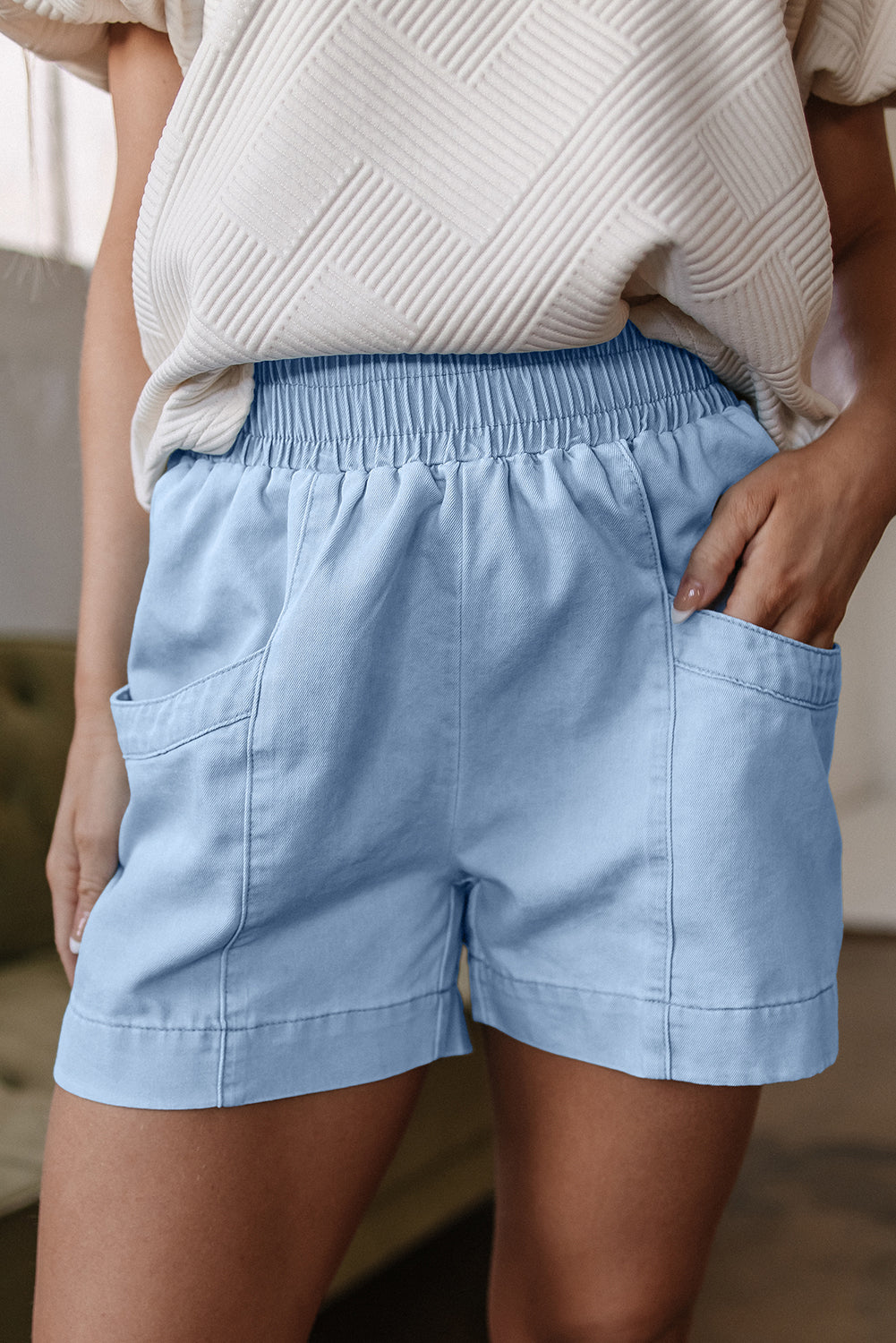 Beau Blue Light Wash Pocketed Wide Leg Denim Shorts-Bottoms/Denim Shorts-[Adult]-[Female]-2022 Online Blue Zone Planet
