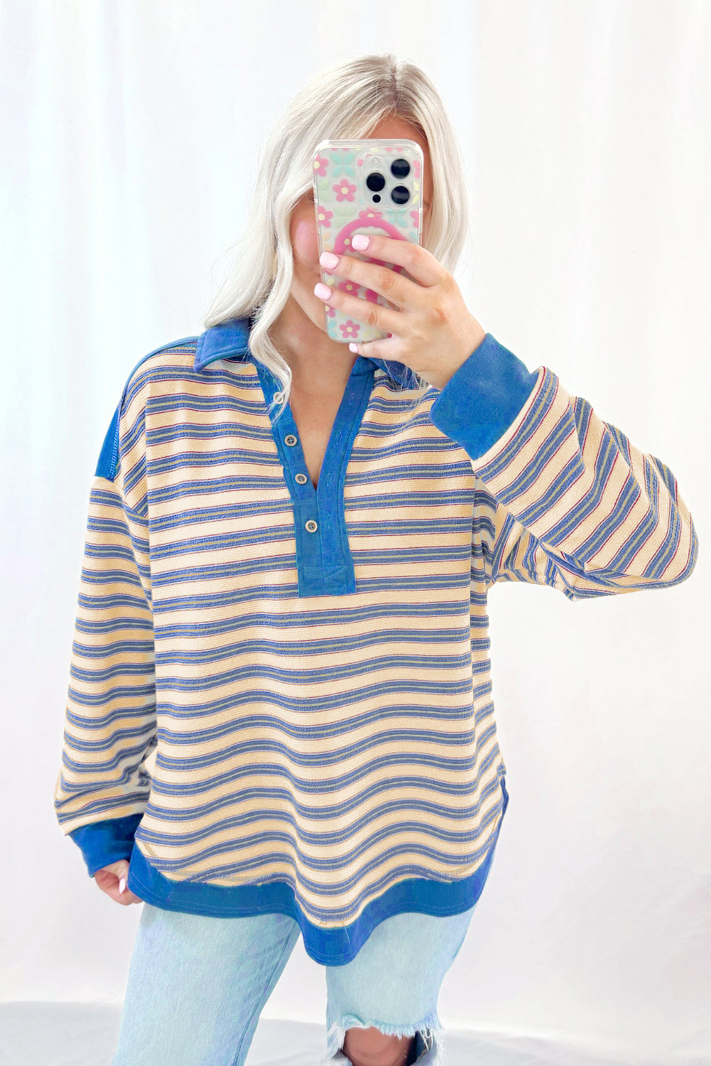 Blue Zone Planet |  Blue Stripe Buttoned V Neck Collared Drop Shoulder Top