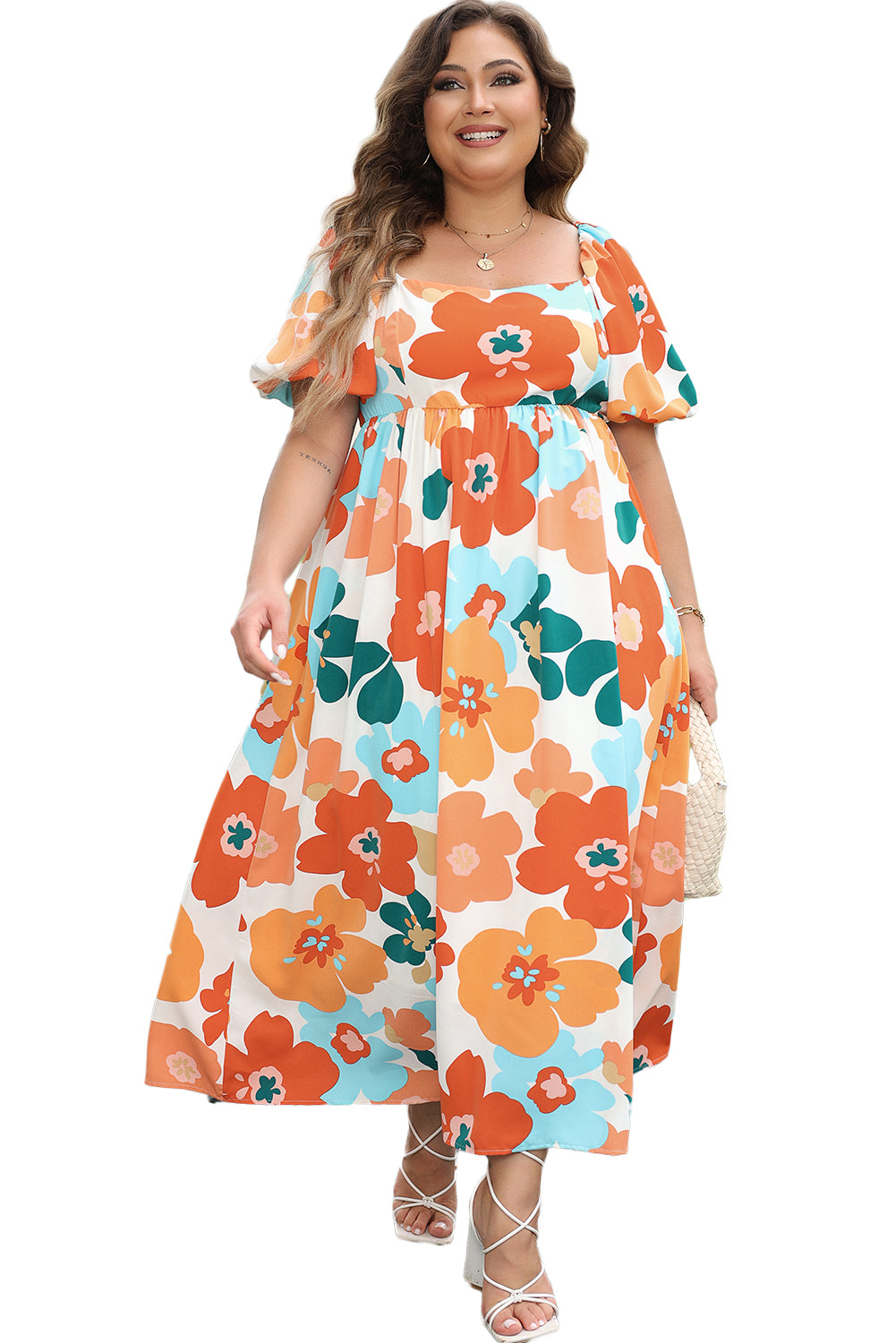 Blue Zone Planet | Orange Plus Size Flower Print Shirred Square Neck Maxi Dress-TOPS / DRESSES-[Adult]-[Female]-2022 Online Blue Zone Planet