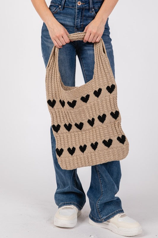 Fame Contrast Heart Crochet Tote Bag-HANDBAGS-[Adult]-[Female]-2022 Online Blue Zone Planet