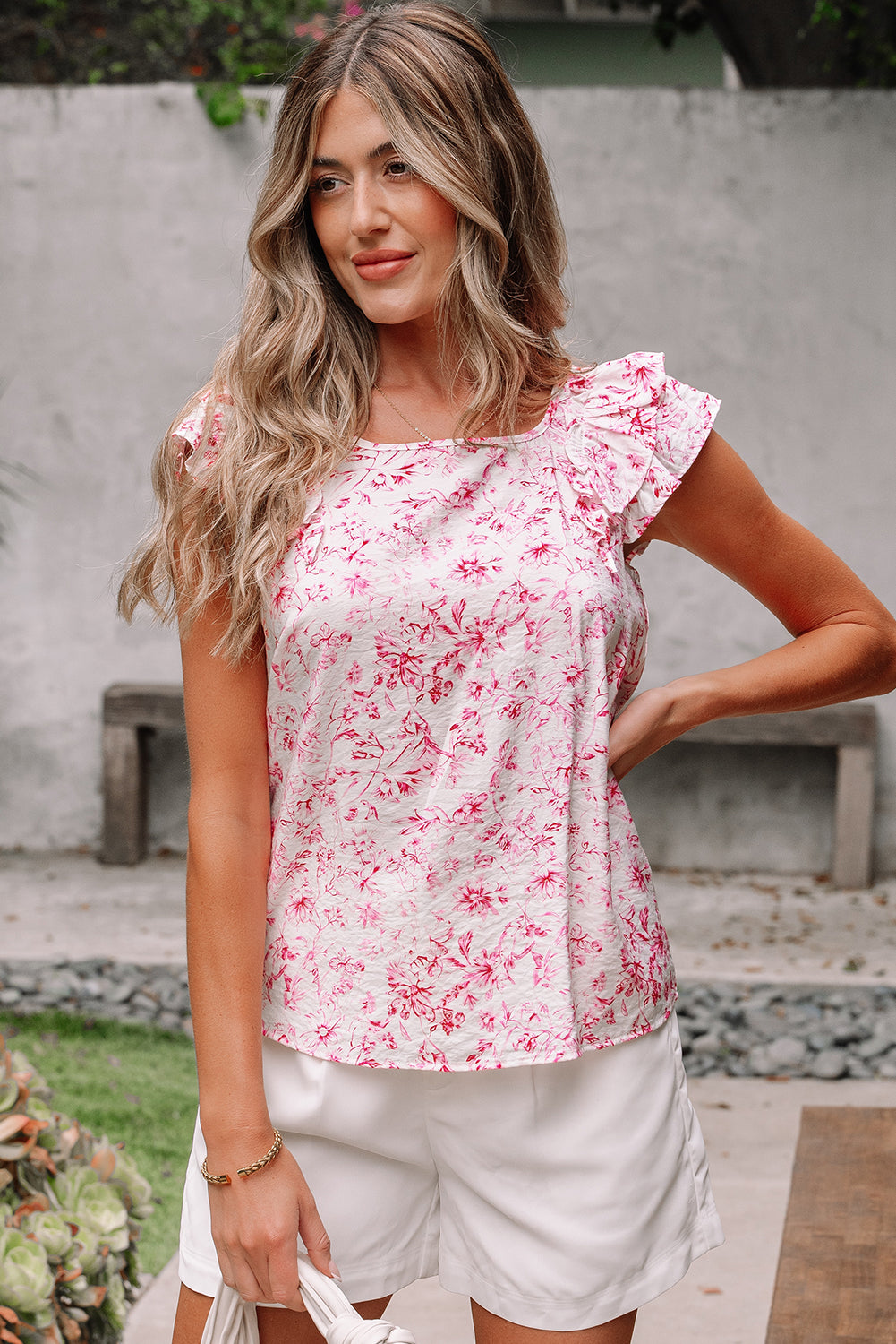 Pink Floral Ruffled Short Sleeve Bow Back Square Neck Blouse-Tops/Blouses & Shirts-[Adult]-[Female]-2022 Online Blue Zone Planet