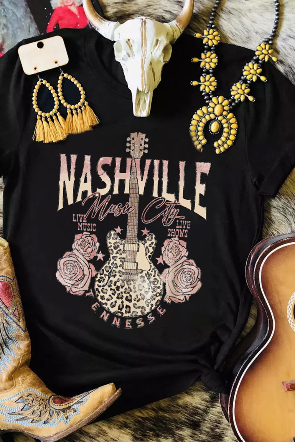 Black Nashville Music City Leopard Guitar Graphic T Shirt-Graphic/Graphic Tees-[Adult]-[Female]-Black-S-2022 Online Blue Zone Planet