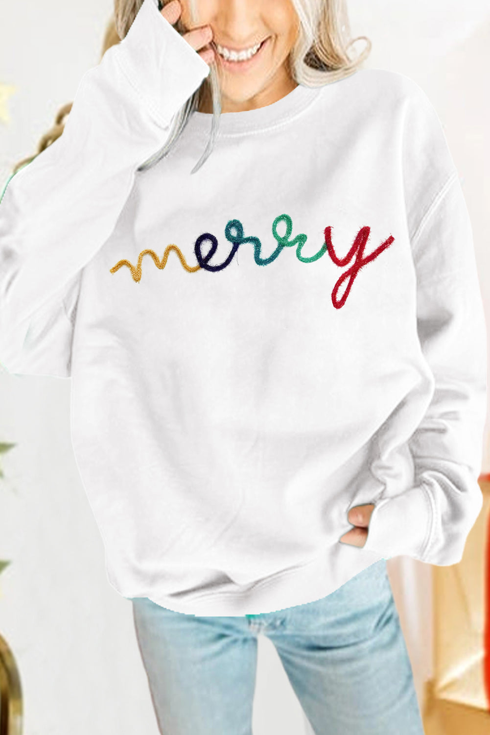 White MERRY Graphic Pullover Sweatshirt-Tops/Sweatshirts & Hoodies-[Adult]-[Female]-White-S-2022 Online Blue Zone Planet