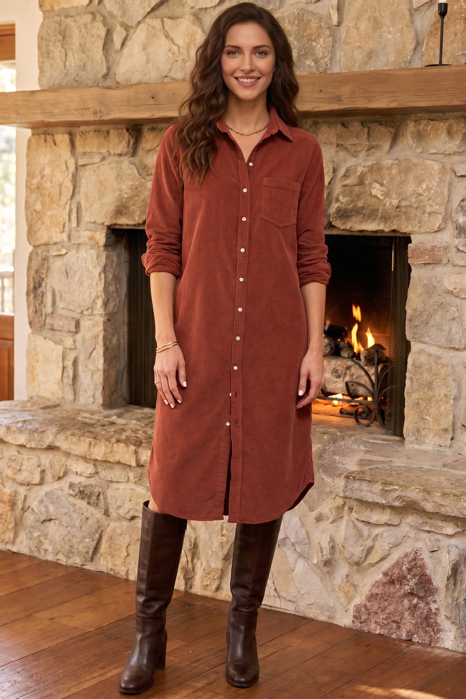 Clay Long Sleeve Button Down Corduroy Midi Length One Piece Dress-TOPS / DRESSES-[Adult]-[Female]-2022 Online Blue Zone Planet