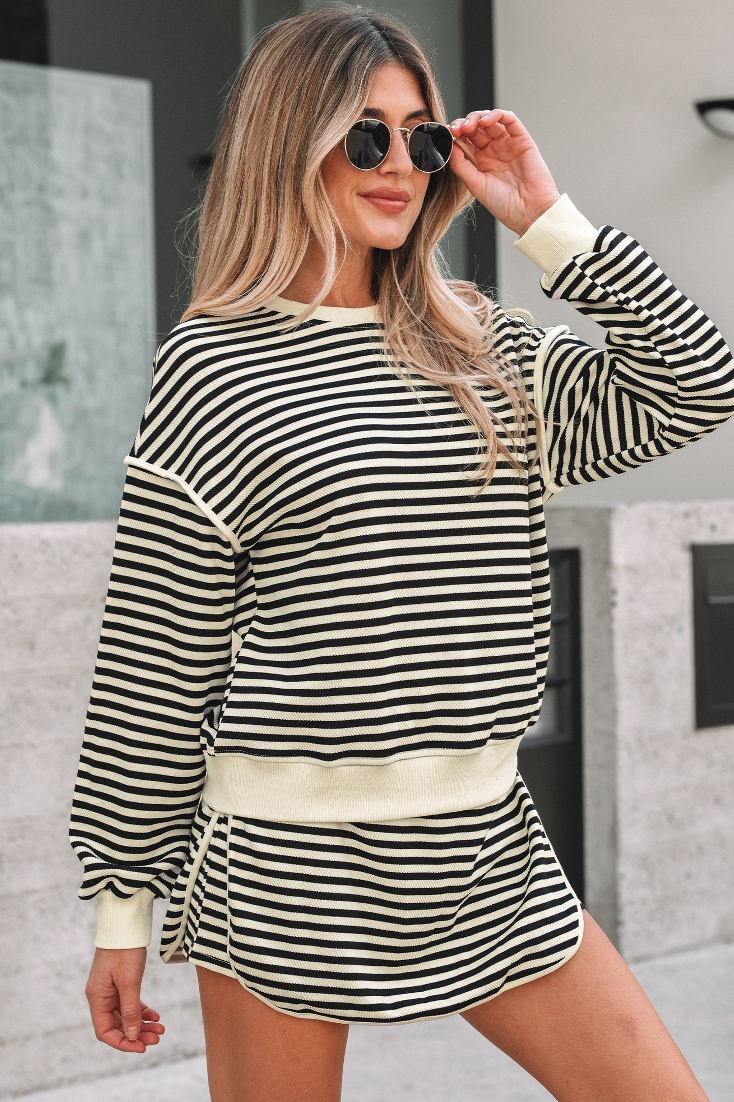 Black Stripe Textured Drop Shoulder Pullover Top Drawstring Mini Skirt Two Piece Dress Set