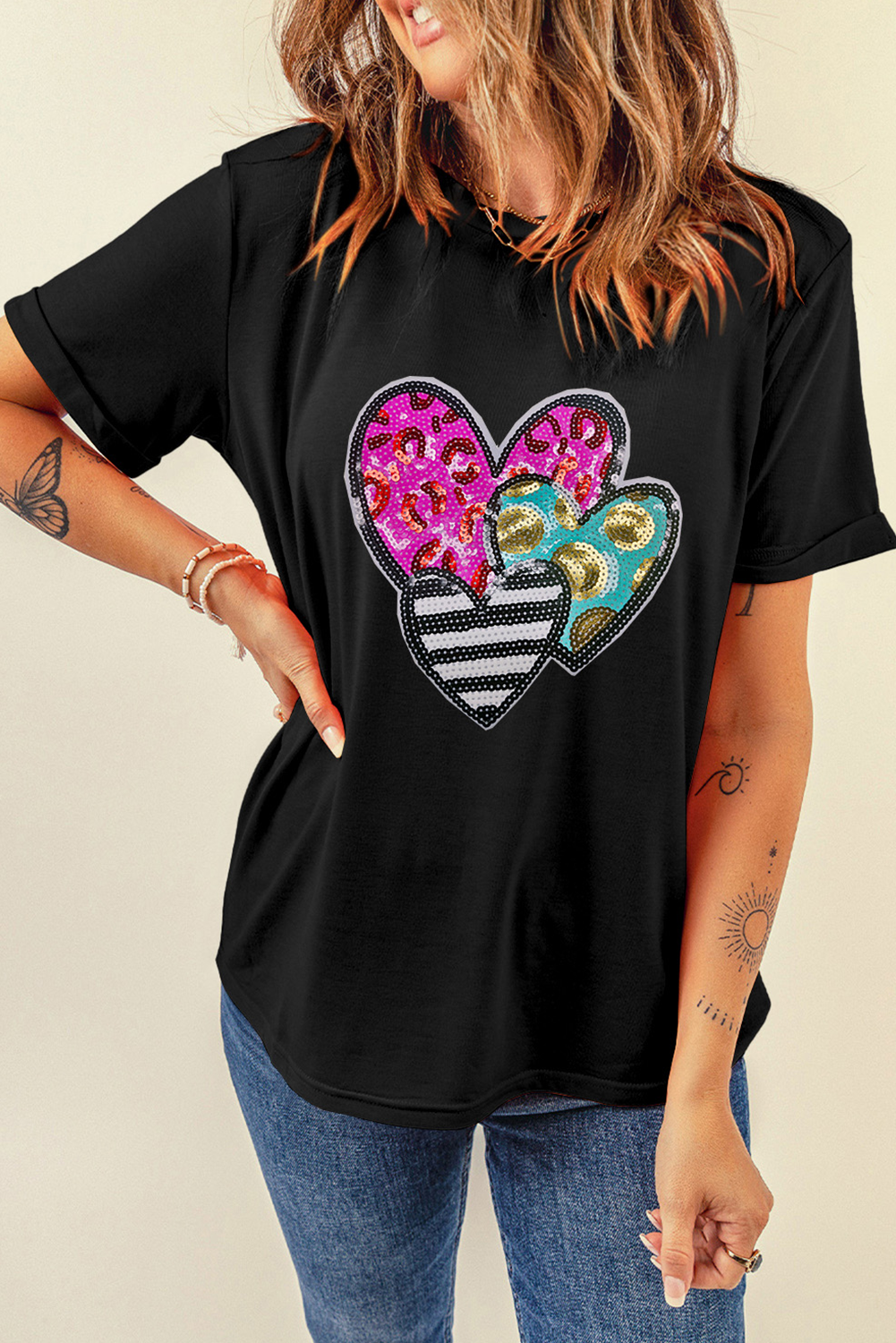 Black Sequin Heart Patched Valentines Graphic Tee-Graphic Tees-[Adult]-[Female]-Black-S-2022 Online Blue Zone Planet