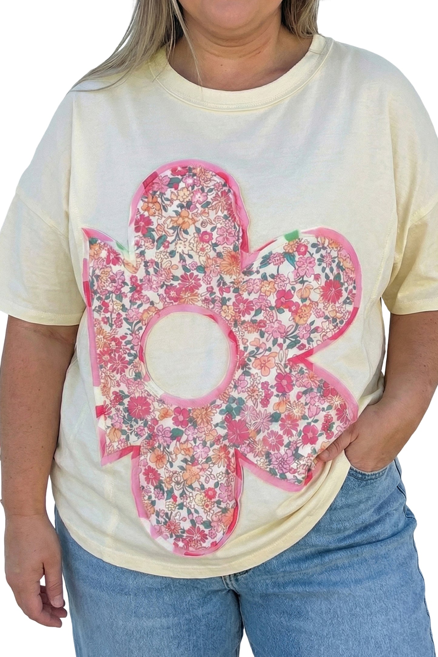 Jet Stream Big Flower Patched Plus Size Tunic T-Shirt-Plus Size/Plus Size Tops/Plus Size Tops & Tees-[Adult]-[Female]-2022 Online Blue Zone Planet