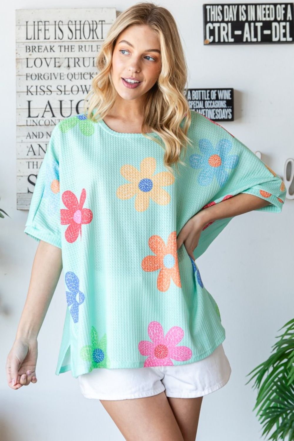 Blue Zone Planet | HOPELY Floral Waffle Oversize T-Shirt-TOPS / DRESSES-[Adult]-[Female]-Neon Green-S-2022 Online Blue Zone Planet